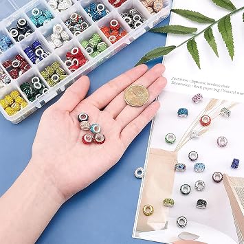 NBEADS 240pcs Rhinestone European Beads 24 Colours Polymer Clay Rondelle Charm Beads Crystal Pave Disco Spacer Beads with Large Hole and Brass Cores for Jewellery Making