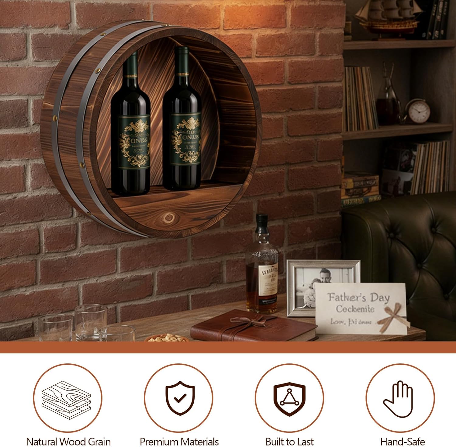 17.7 x 5.9 in Whiskey Barrel Shelf Rustic Wall Mounted Bourbon Wooden Floating Hand Wine Rack Oak Barrel Wine Bottle Holder Display Stand Vintage Bar Home Decor(Dark Brown)