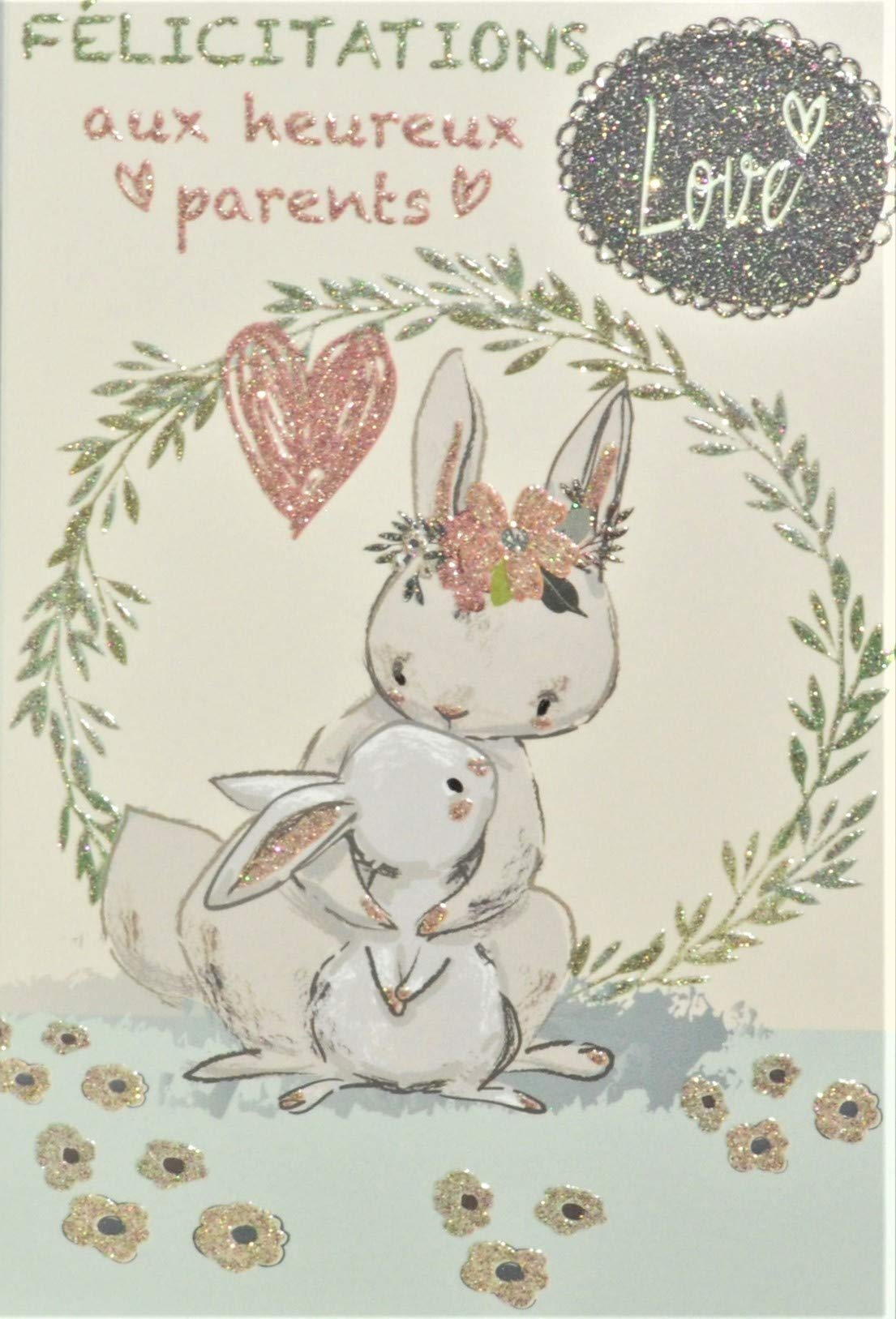 Congratulations to Happy Parents Welcome Baby Girl Love Glitter Pink Flowers Crown Heart Mum Rabbit Cute Animals Made in France