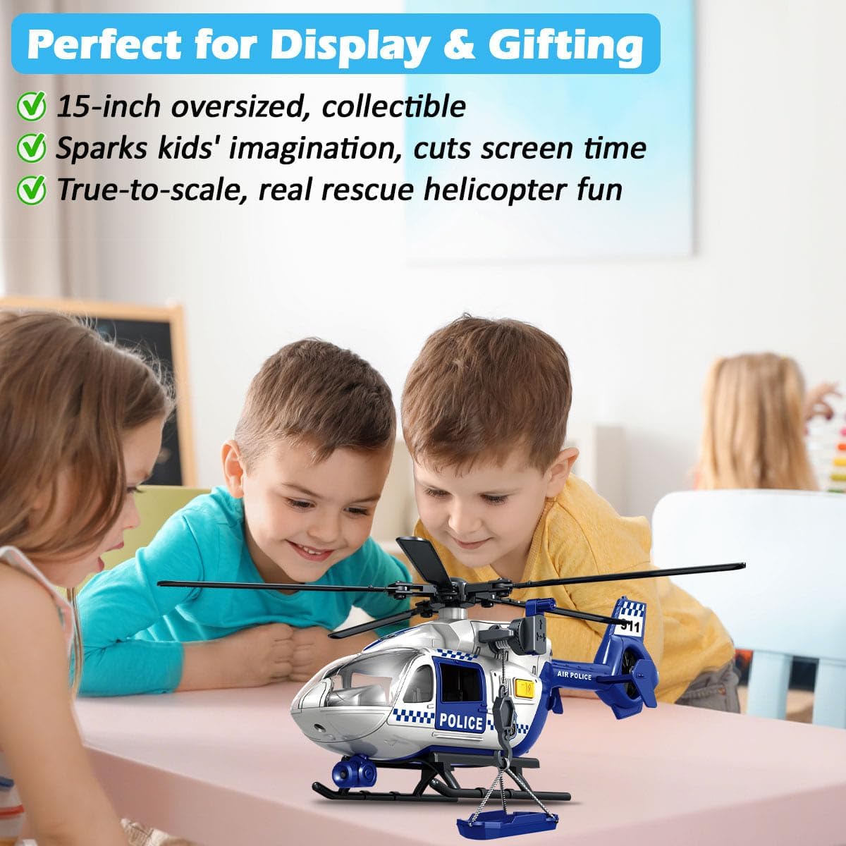Police Toys Helicopter 15-in Airplane Toys for Kids with Hanging Basket Sounds and Lights for Boys Ages 3 4 5 6 7