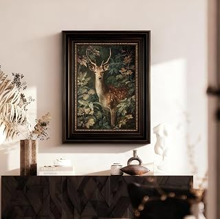VIYYIEA Large Dark Cottage Nature Wall Art for Living Room,16x20in,Forest Stag Wildlife Artwork Brown Framed, Whimsical Vintage Moody rustic Wall Decor for Library Study, Sandstone Textured Painting
