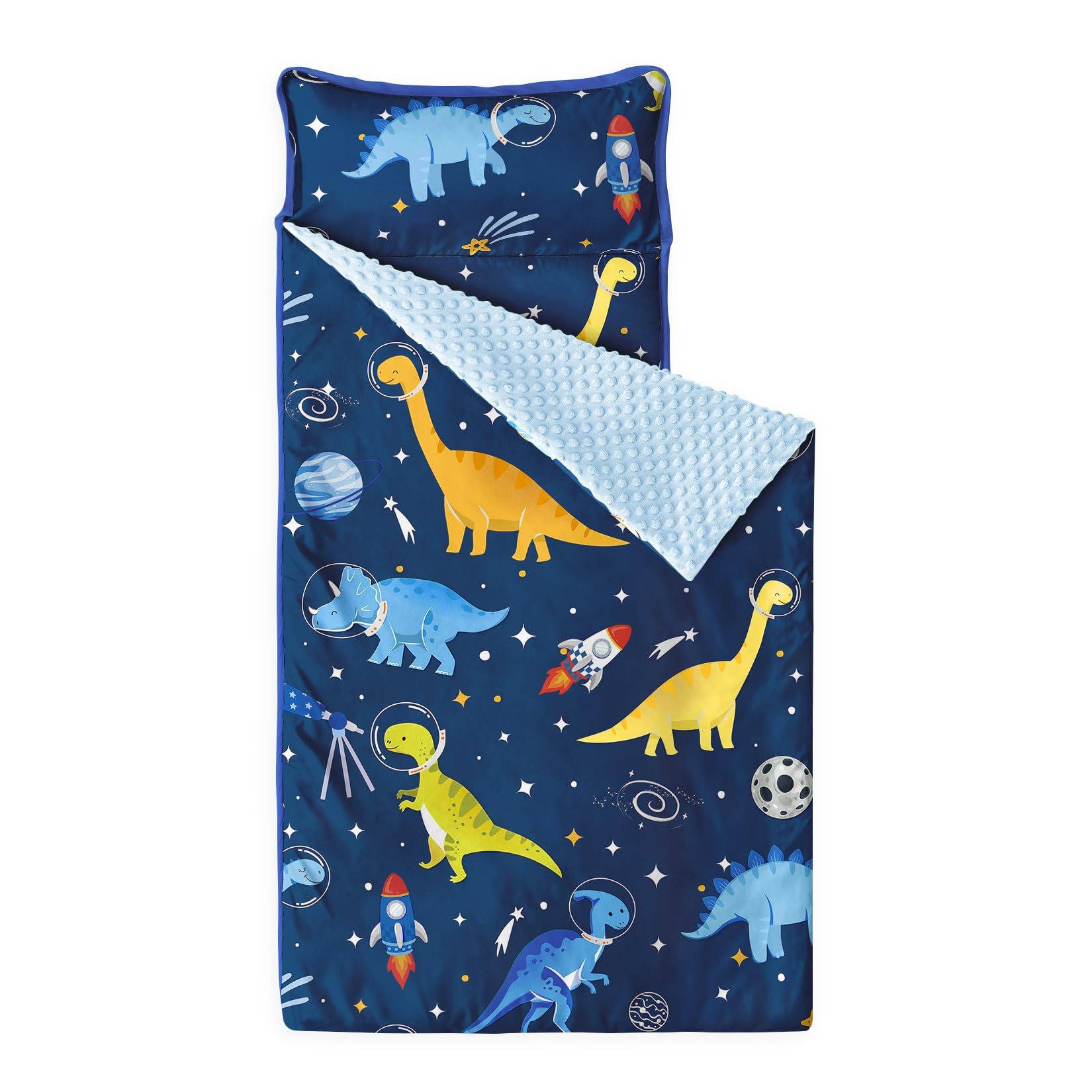 Wake In Cloud - Toddler Nap Mat with Pillow and Minky Fleece Blanket, for Kids Boys in Daycare Preschool Kindergarten, Roll Up Sleeping Bag, Dinosaur