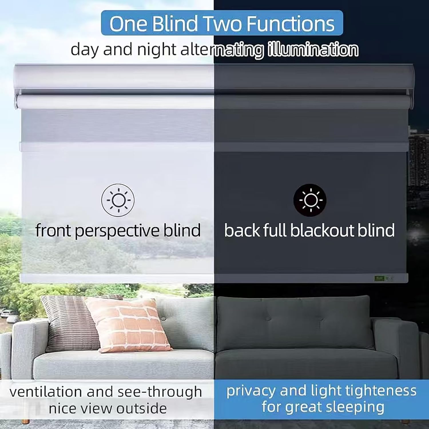 TIPIACE Day and Night Dual Layers Motorized Roller Blinds Shades Rechargeable Motor Suitable for Home, Office, Hotel Windows (5101+White 8018)