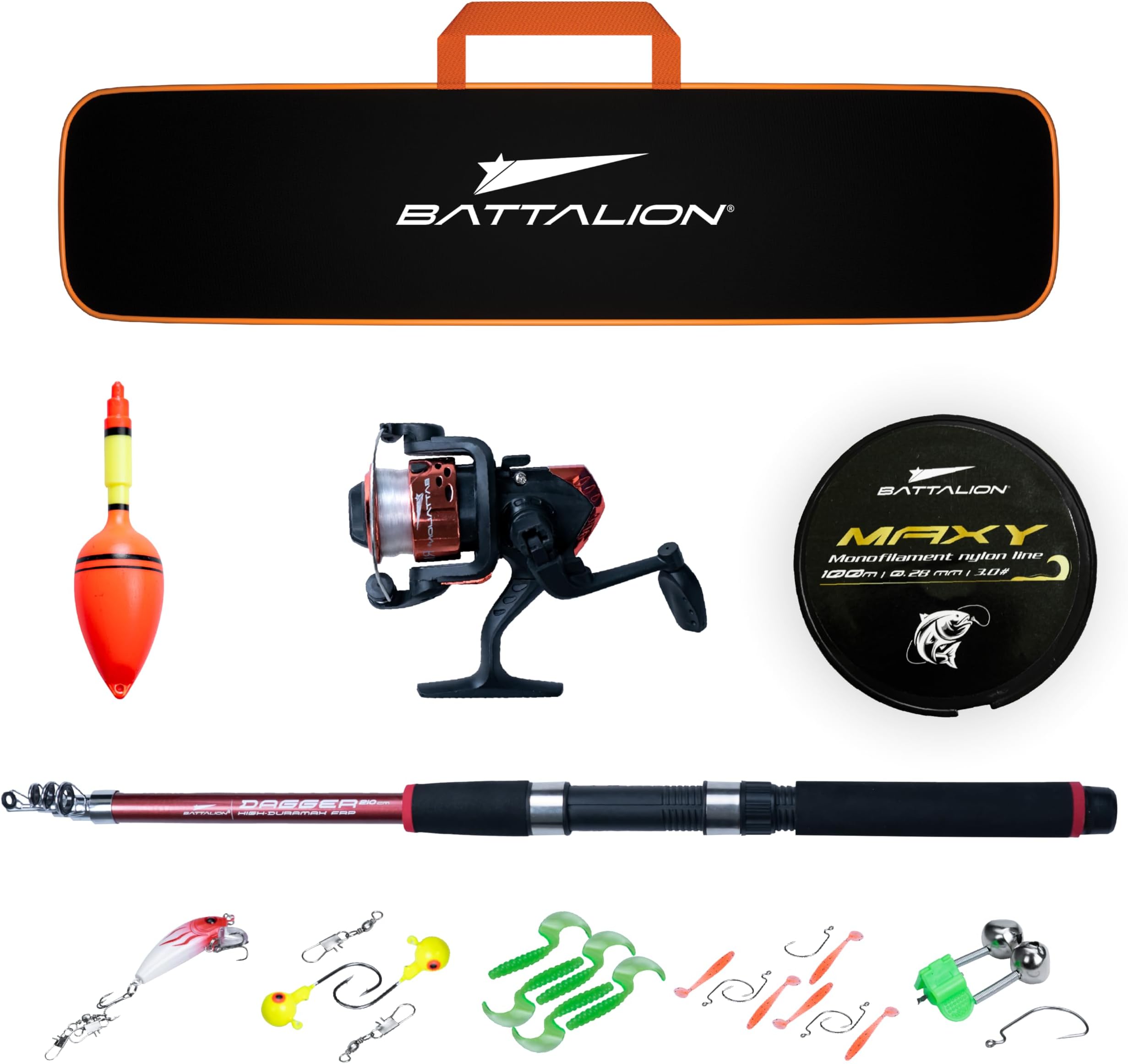 Battalion Dagger Telescopic 7Ft Durable Fishing Rod (210cm) Full Set with Pre-Spun Reel, Jigs, Lures, Extra Line, Float & Protection Bag (Fishing Rod Combo)