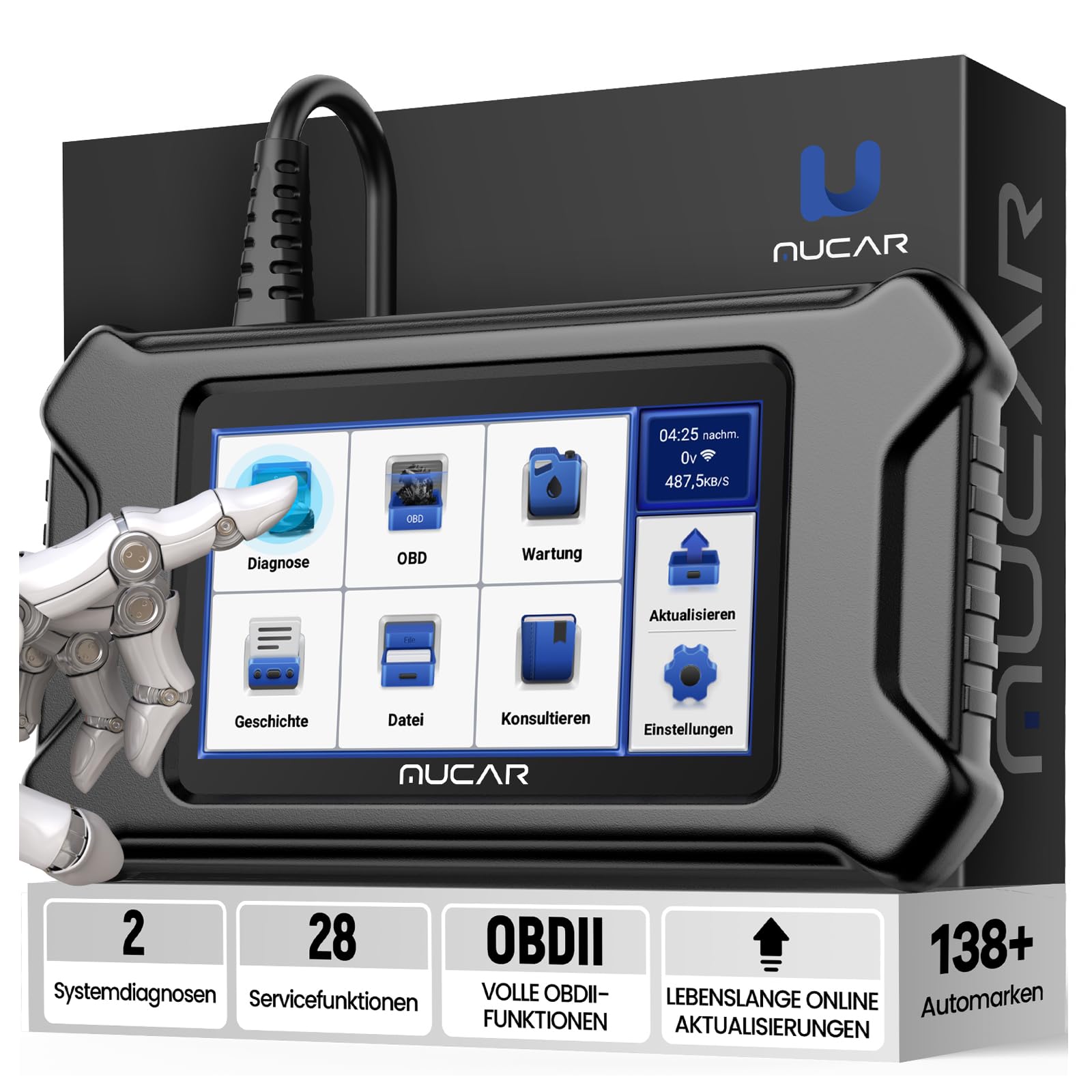 OBD2 Diagnosegerät, MUCAR CS90 Diagnosegerät Auto Mit 2 Systemdiagnose (ECM/ABS) Und 28 Reset-Funktion, Auto Diagnosegerät Für AutoVIN-Service, Android 7.0, kostenloses Update