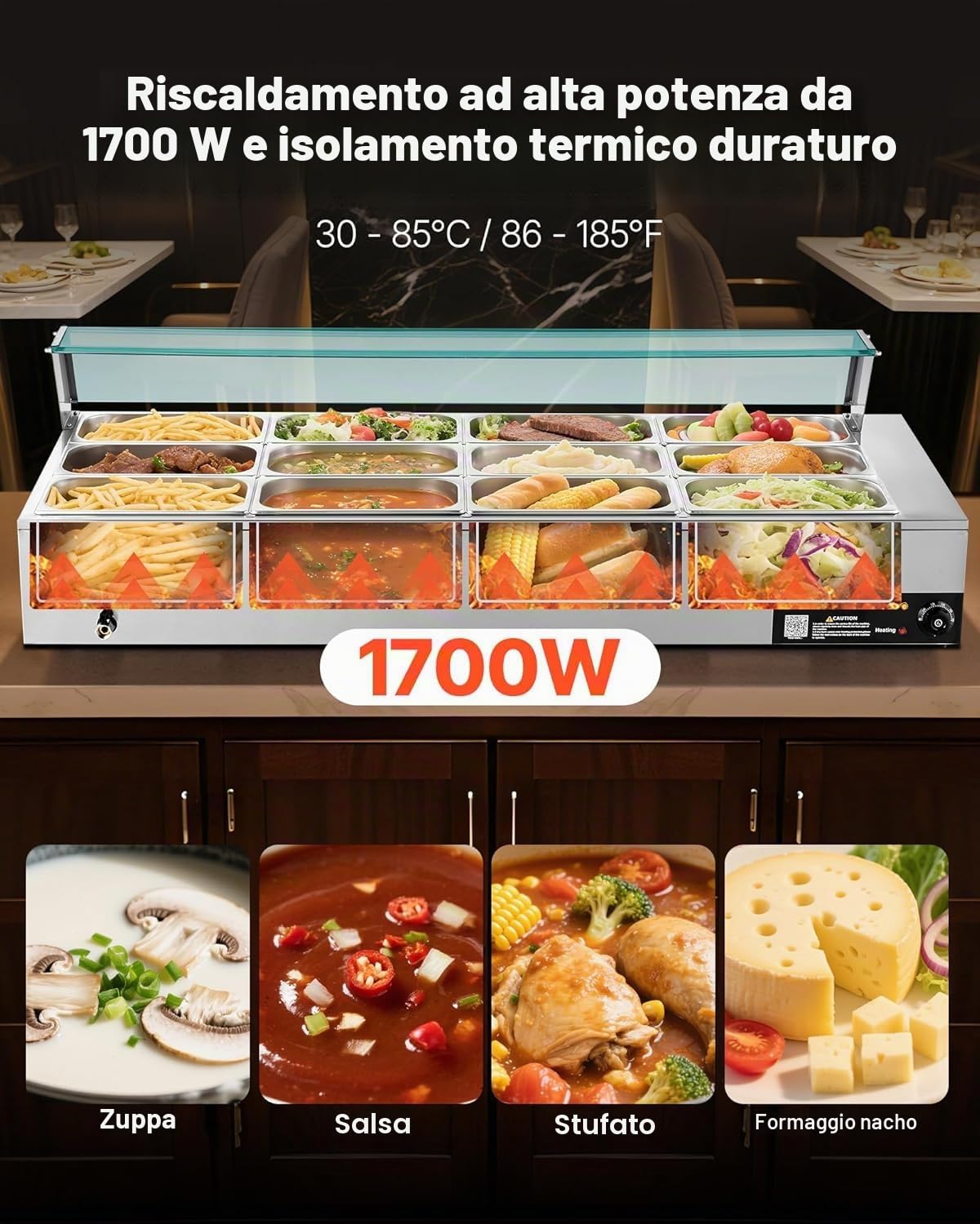 VEVOR Scaldavivande Commerciale, Scaldavivande Elettrico in Acciaio Inox da 1700 W con Coperchio in Vetro, Bagnomaria da Banco a 12 Teglie, con Mestoli per Zuppa e Forati, per Ristoranti