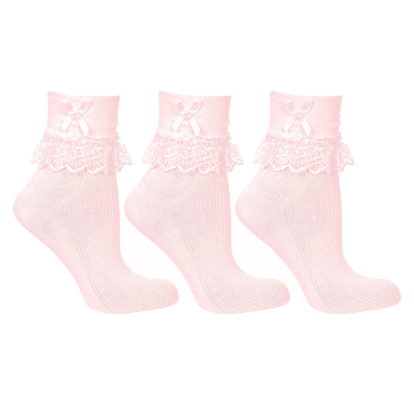 Undercover Girls 3 Pairs - Pink Lingerie 3 Pairs Jester Frilly Lace Bow Ankle Socks Pink 6-8.5