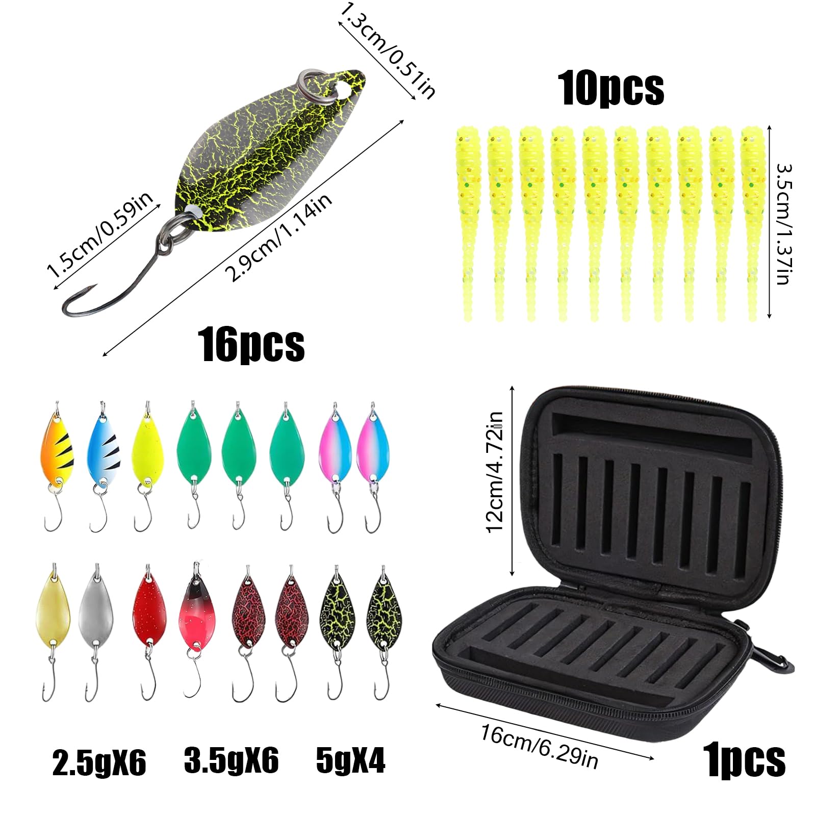 RYAN 16 Pezzi Spoon Trout Area Artificiali Spinning Mare 2.5/3.5/5g cuCchiaini Pesca con Borsa Portatile per Pesca alla Trota in Acqua Dolce e Salata Salmerini Esche Artificiali Spinning