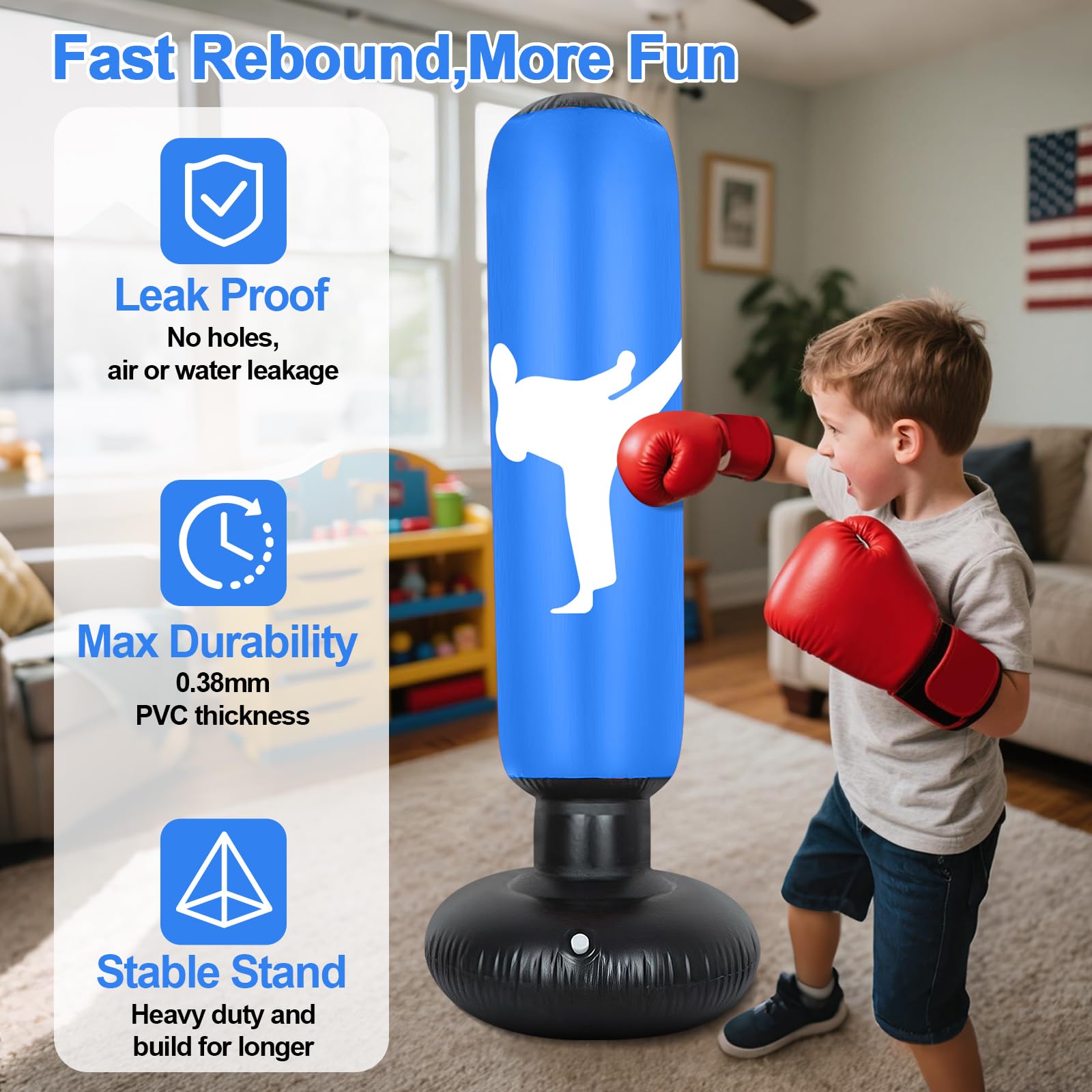 Sacco da Boxe da Terra, 160cm Sacco da Boxe per Bambini Gonfiabile Punching Ball Bambini 3 ai 12 Anni, Sacchi da Kickboxing per Karate Taekwondo MMA Fitness Allenamento a Casa