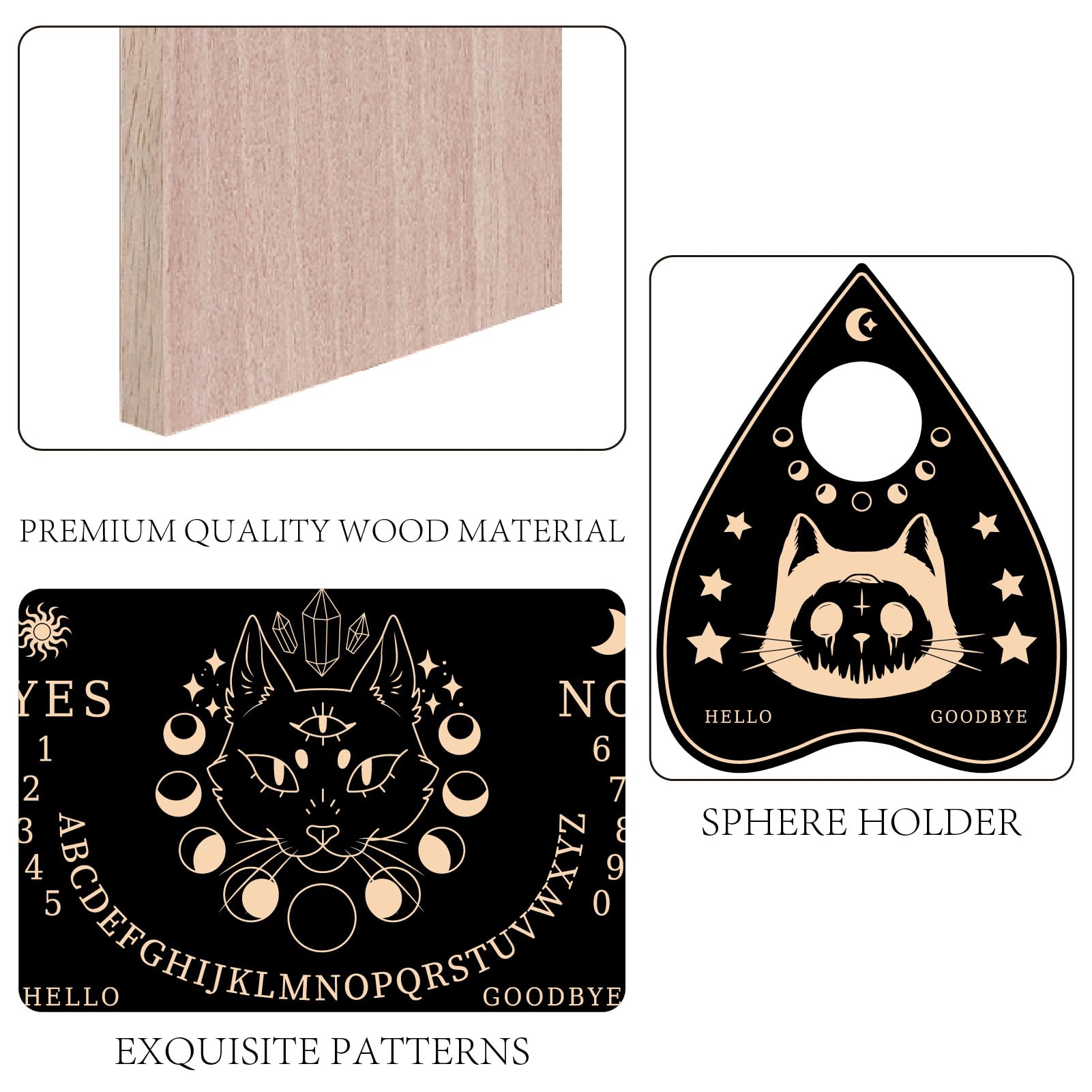 Tavola Ouija In Legno CREATCABIN Con Gatto E Luna - Set Con Planchette, 30x21 Cm, Per Pratiche Spiritiche E Decorazione