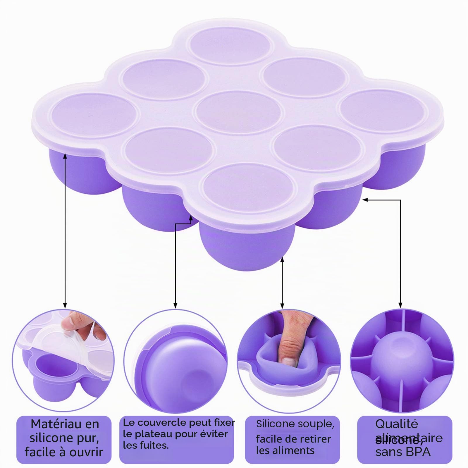 Boîte de Rangement Congelée Pour Aliments Pour Bébés, Bébé Récipient en Silicone avec Couvercle Hermétique et 9 Alvéoles Indépendantes, Stockage De Nourriture Plateau de ​Congélateur, 9 x 75ml, Violet