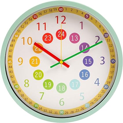 Amazon Co Jp Vikmari 知育時計 掛け時計 アナログ 静音 非電波 壁掛け時計 子供用 生徒用 時間学習 クロック 直径約30cm グリーン ホーム キッチン