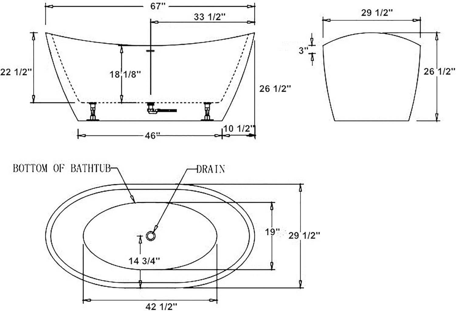 Freestanding Bathtub Acrylic Soaking SPA Modern Stand Alone Bathtubs in White 67 Inch - Image 7