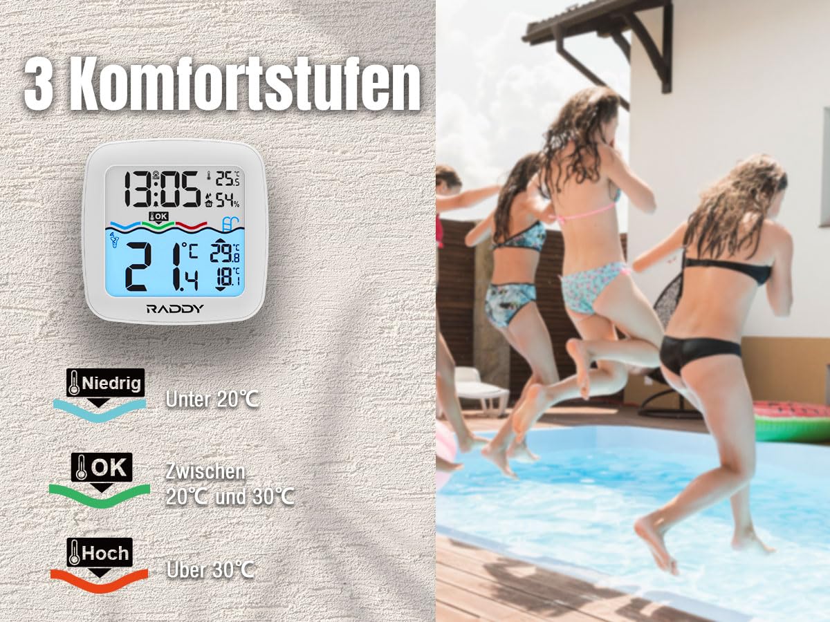 Raddy PT-5 TN Termómetro Inalámbrico para Piscina Flotante, IPX8, Resistente al Agua, Solar y Batería, Termómetro Digital con Temperatura Interior / Exterior y Humedad para Piscina, Jacuzzi, Estanque