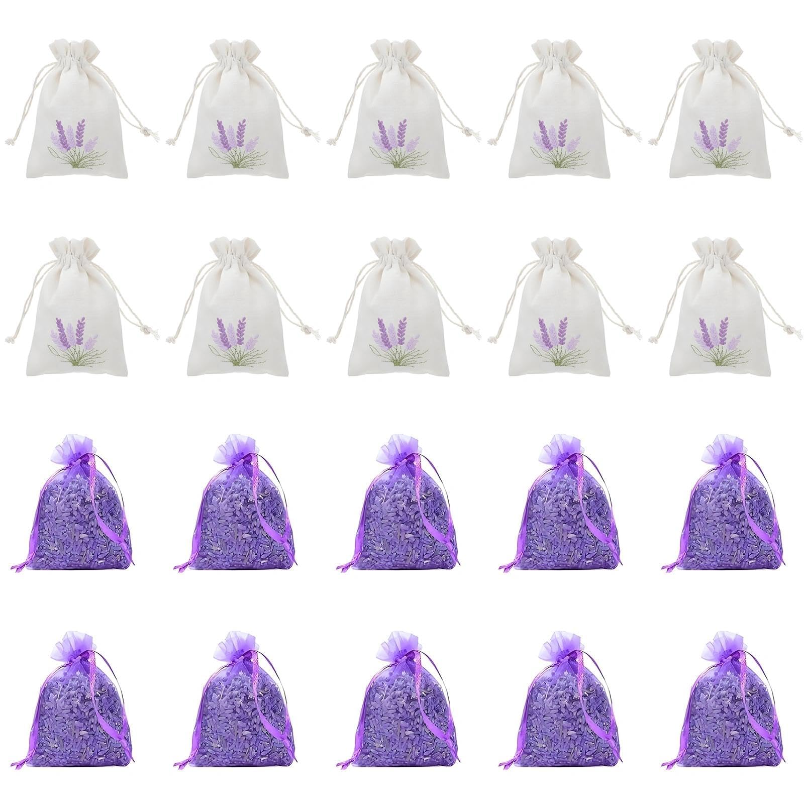 Lavender Bags Empty, 20 Pcs Empty Lavender Bags to Fill, Drawstring Pouches for Moths and Wardrobes, Pillows, Shoe Cabinets, Closets, Cars, Cotton & Organza (All Empty)