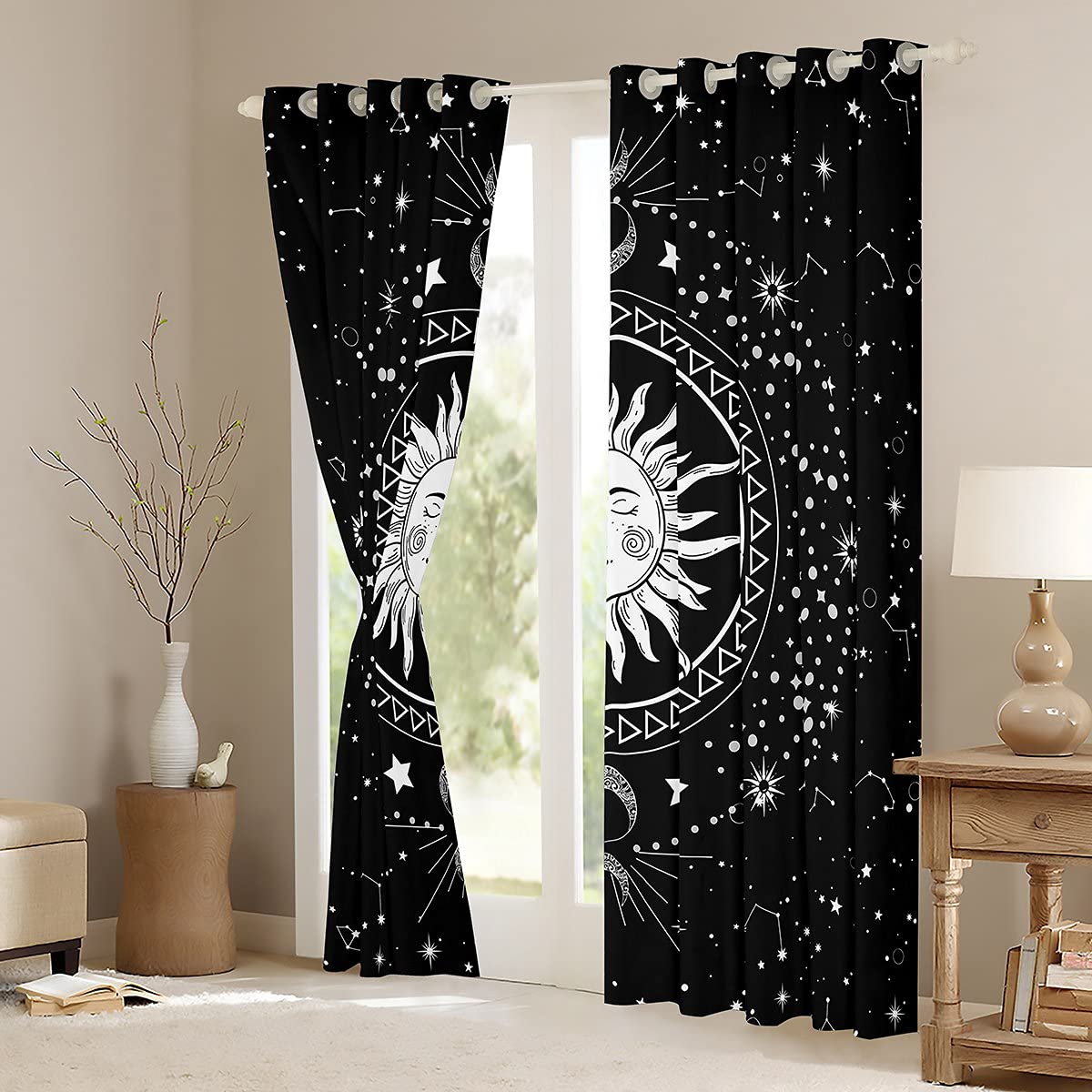Sun and Moon Window Drapes Boho Exotic Window Curtains for Bedroom Living Room for Kids Boys Girls Children Bohemian Style Window Treatments Galaxy Star White Black W46*L54 - Image 3
