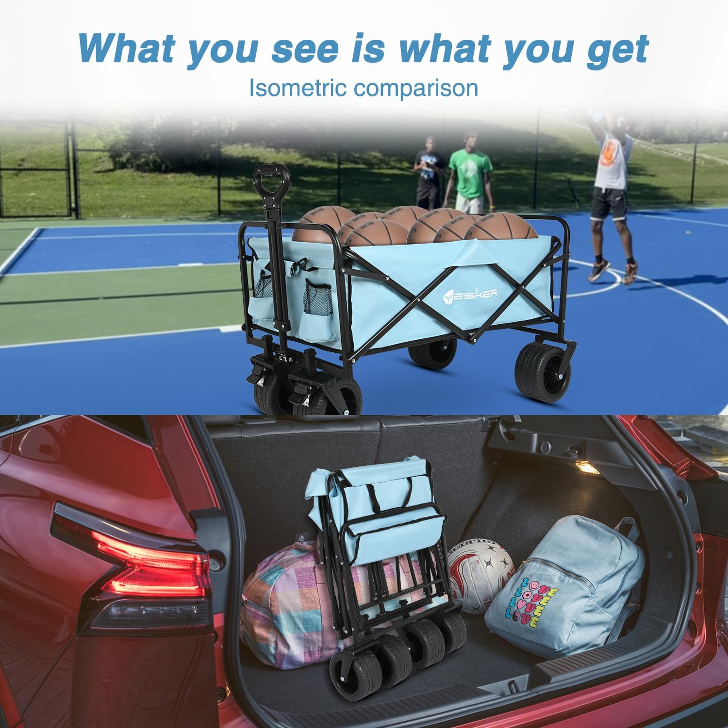 Yesker Foldable Wagon - 300lbs Collapsible Garden Carts with All Terrain Wheels for Outdoor Camping Sports Shopping Gardening - Heavy Duty Portable Utility Trolley (Blue)