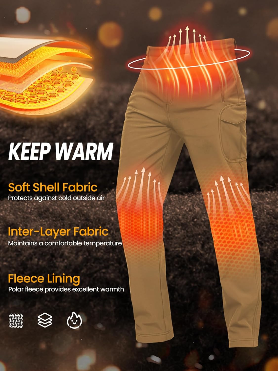 Men’s Waterproof Hiking Pants Fleece Lined Soft Shell Winter Snow Ski Insulated Outdoor Work Pants - Image 5