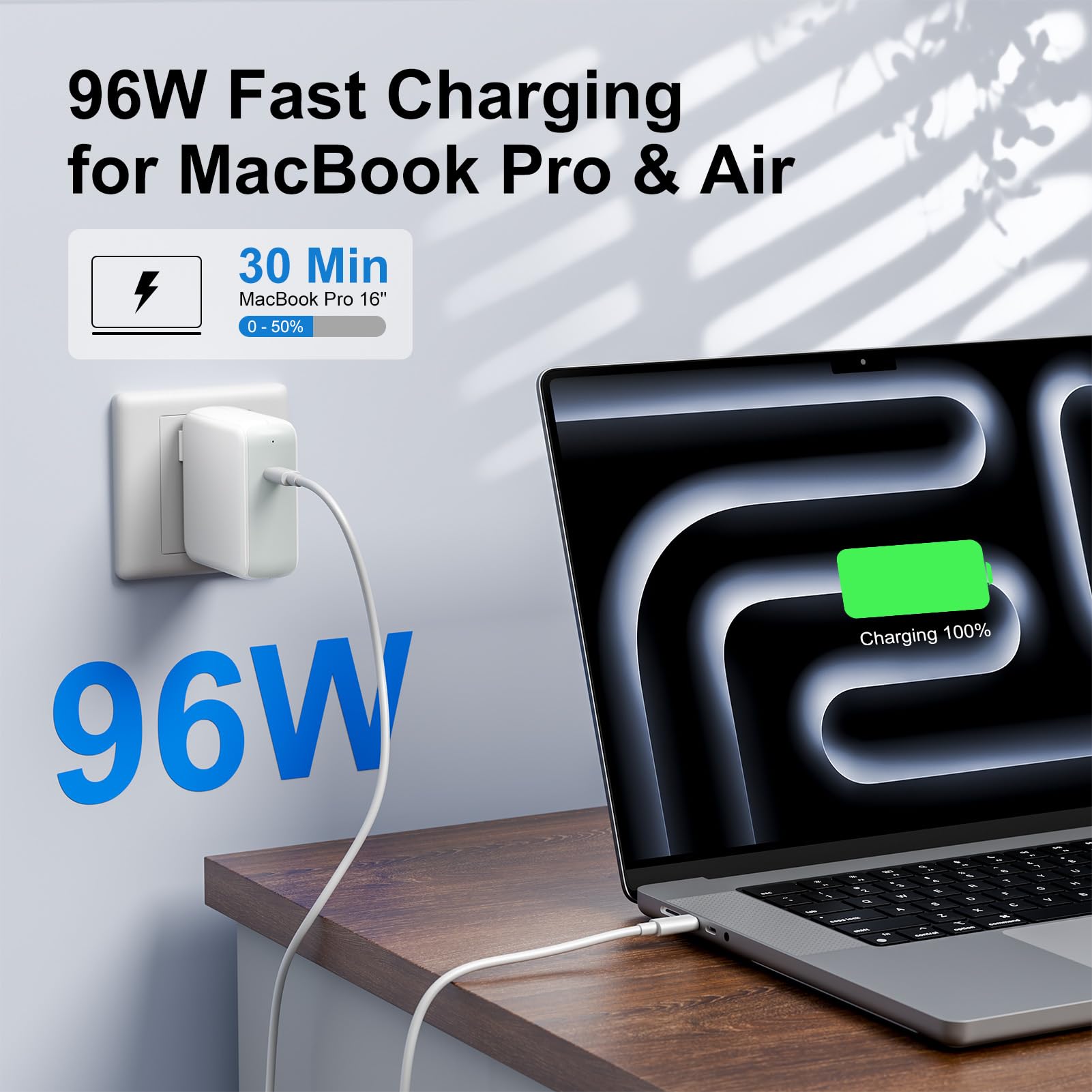 96W USB C Charger for MacBook Pro 16, 15, 14, 13 inch 2025 2024, 2023, 2022, 2021, M4 M3 M2 M1 MacBook Air, USBC Laptop Power Adapter, iPad, LED, 6.6ft 5A Cable Charging as Fast as Original Quality — Amazon image 2