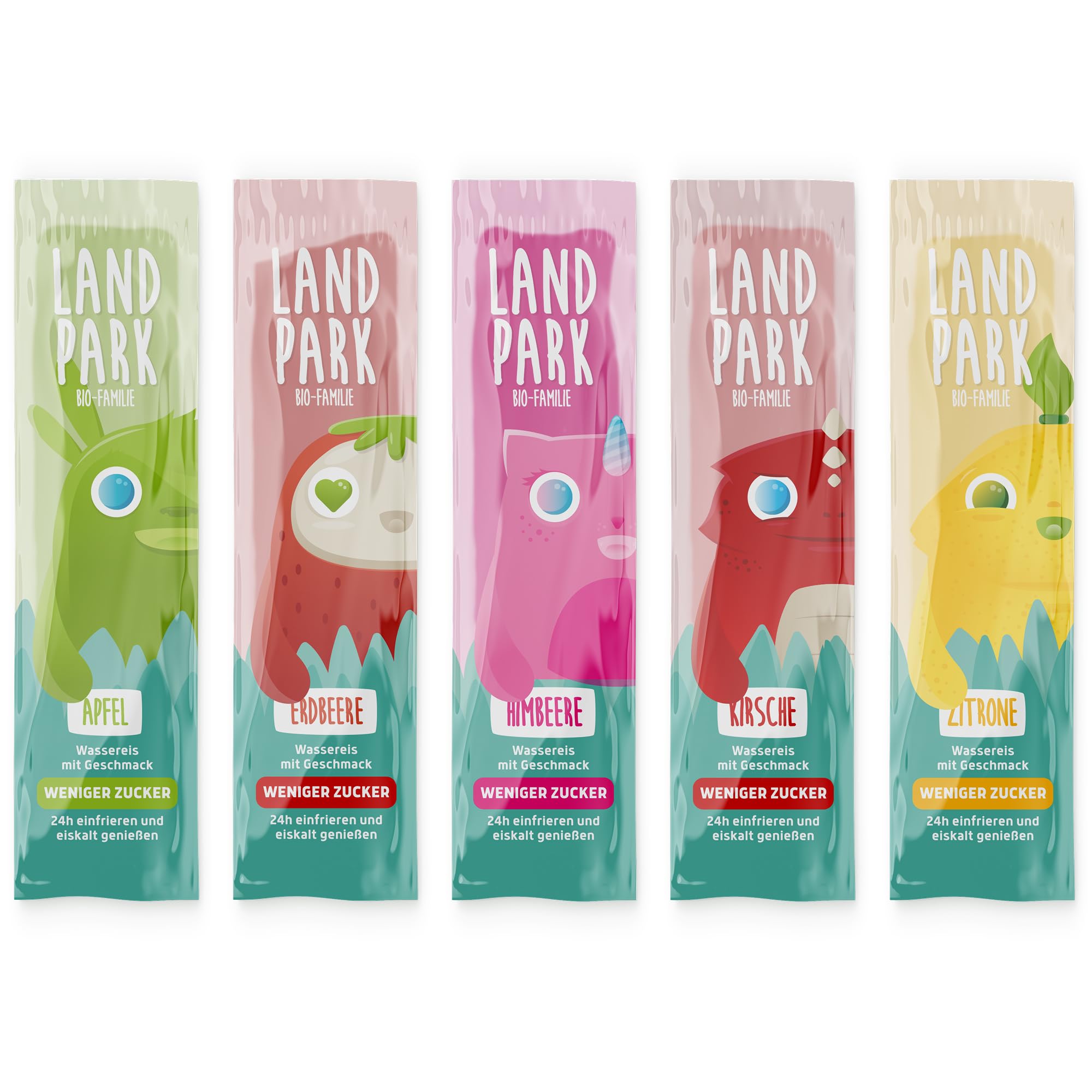 Landpark Bio-Wassereis 10x 40 ml - Unser Wassereis enthält kaum Zucker - 100% Bio Qualität - 5 Geschmacksrichtungen (Erdbeere, Himbeere, Apfel, Kirsche, Zitrone) - Das perfekte Eis für den Sommer