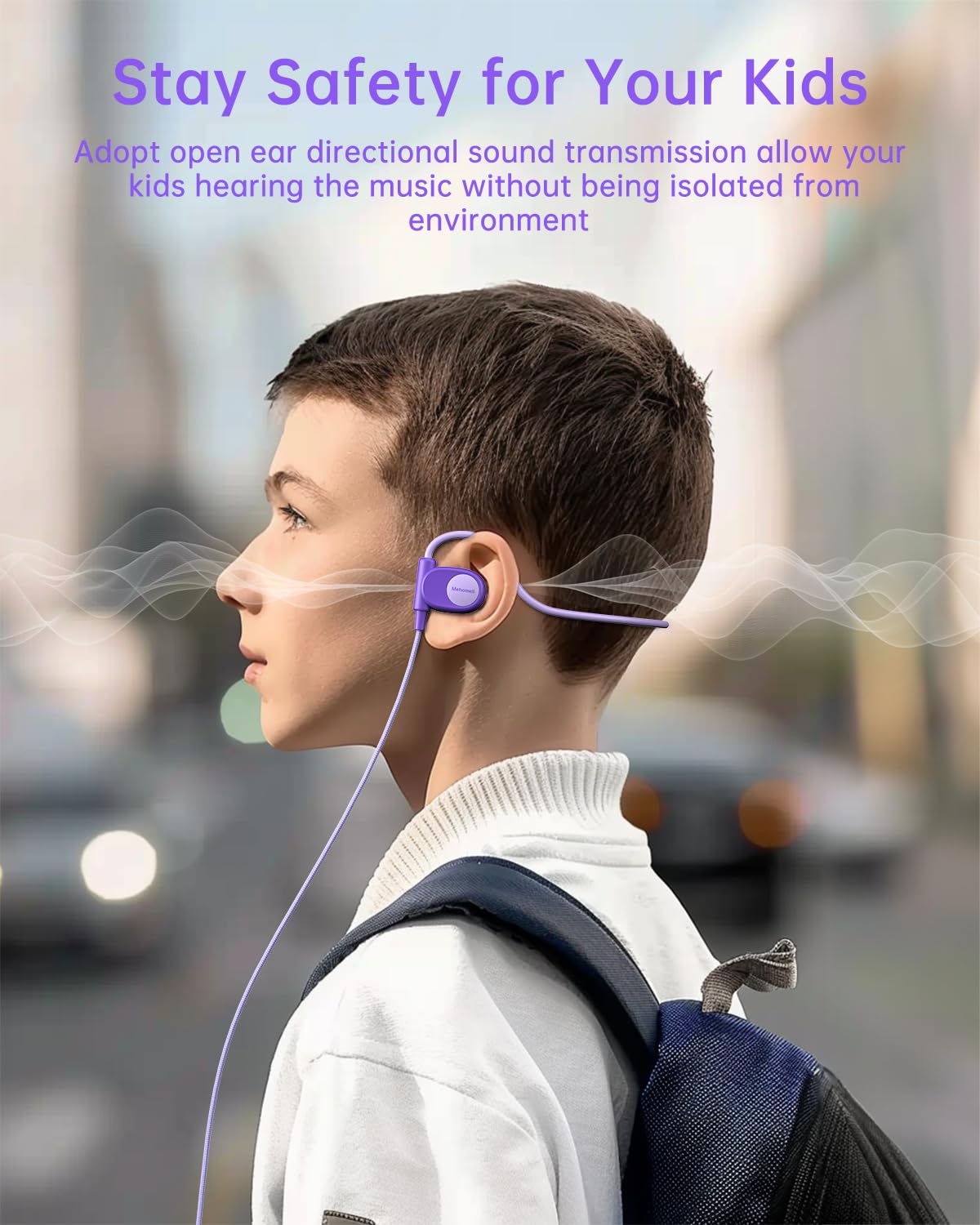 Mehomeli Cuffie per bambini per scuola, cuffie a conduzione d'aria, jack da 3,5 mm, cavo cablato, ultra confortevoli, design ergonomico e leggero, perfette per scuola e attività all'aperto, viola