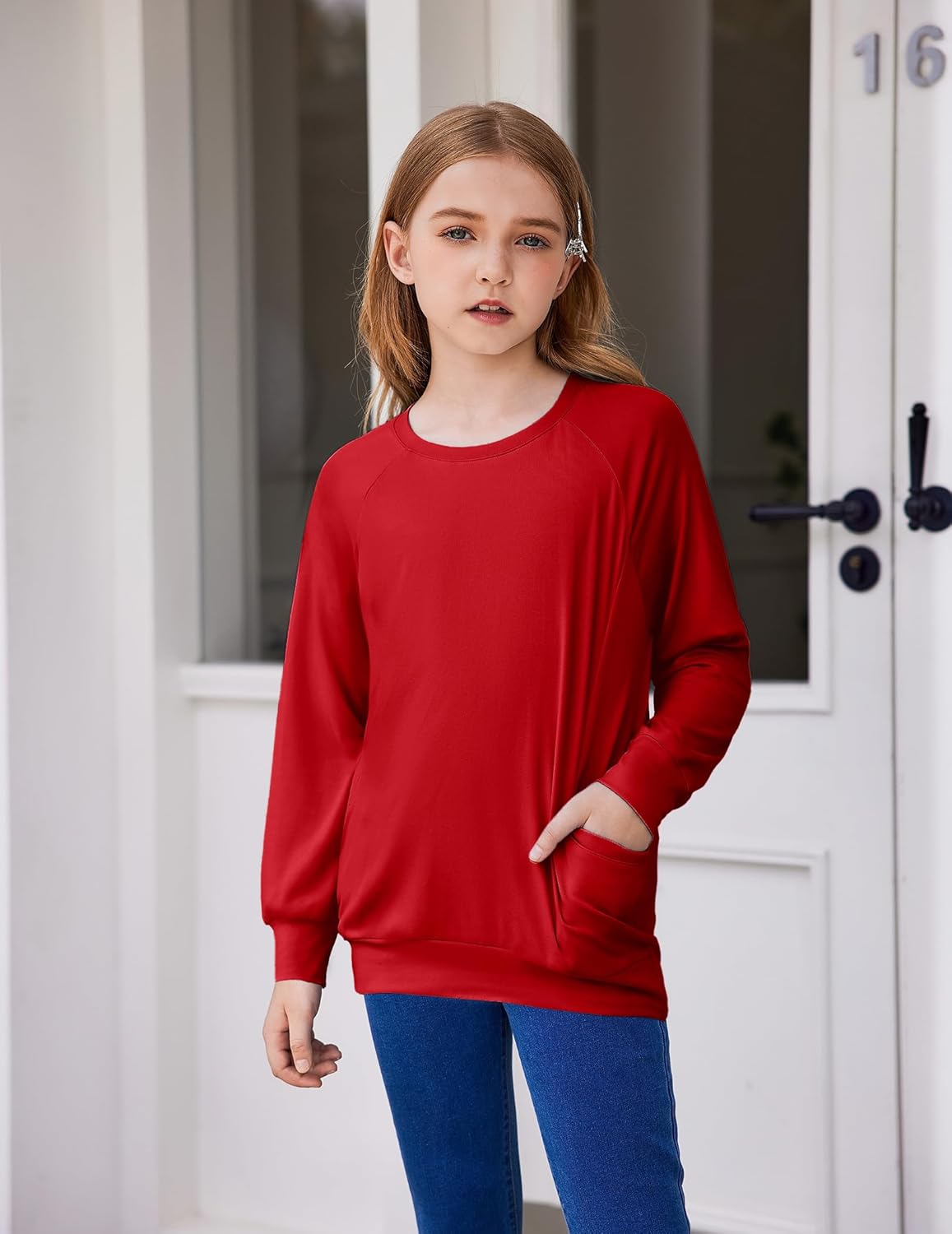 Arshiner Girls Long Sleeve Shirts with Pockets Crewneck Soft Casual Raglan Kids Blouse Tee Tops - Image 5