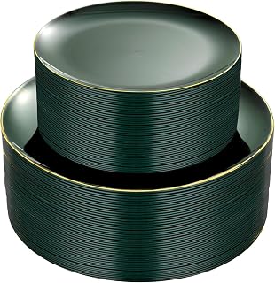 PULOTE 100 Pack Green Disposable Plastic Plates with Gold Rim - 50 Dinner 10.25in + 50 Dessert 7.5in for Parties & Christmas
