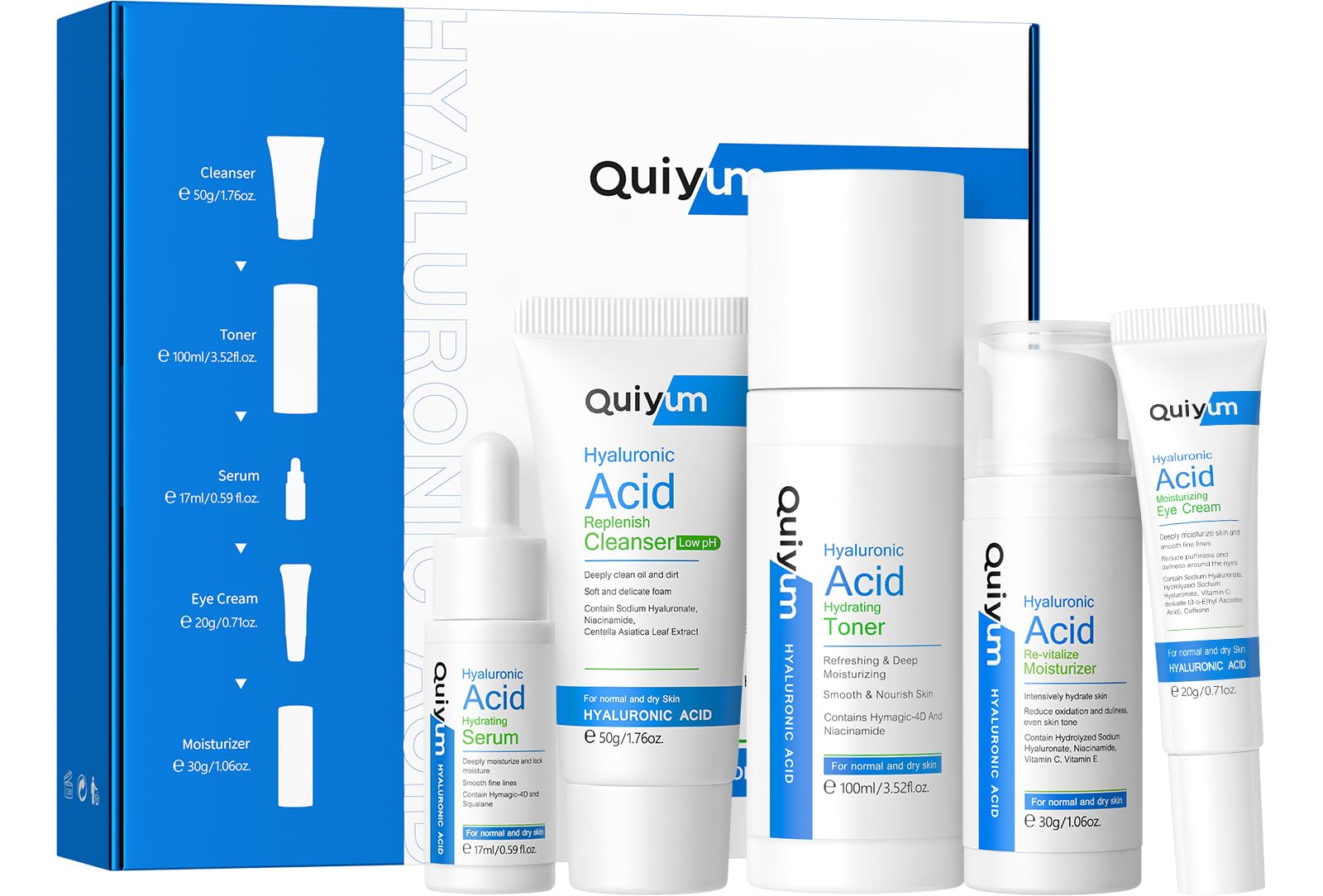 QUIYUM Set Acido Ialuronico 5 Pezzi Kit Skincare Completo per la Cura della Pelle Viso, Set Regalo per Donna, Idratazione Intensiva, Adatto a Tutti i Tipi di Pelle
