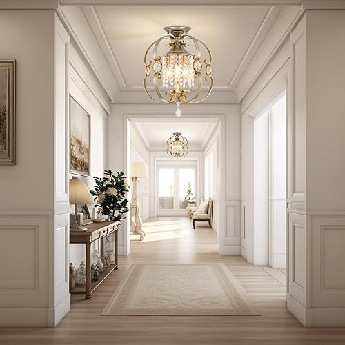 Miniatura 8 de Candelabro de cristal K9 de plata antigua para comedor, 3 luces de 14 pulgadas, lámpara de techo rústica de montaje empotrado, iluminación colgante