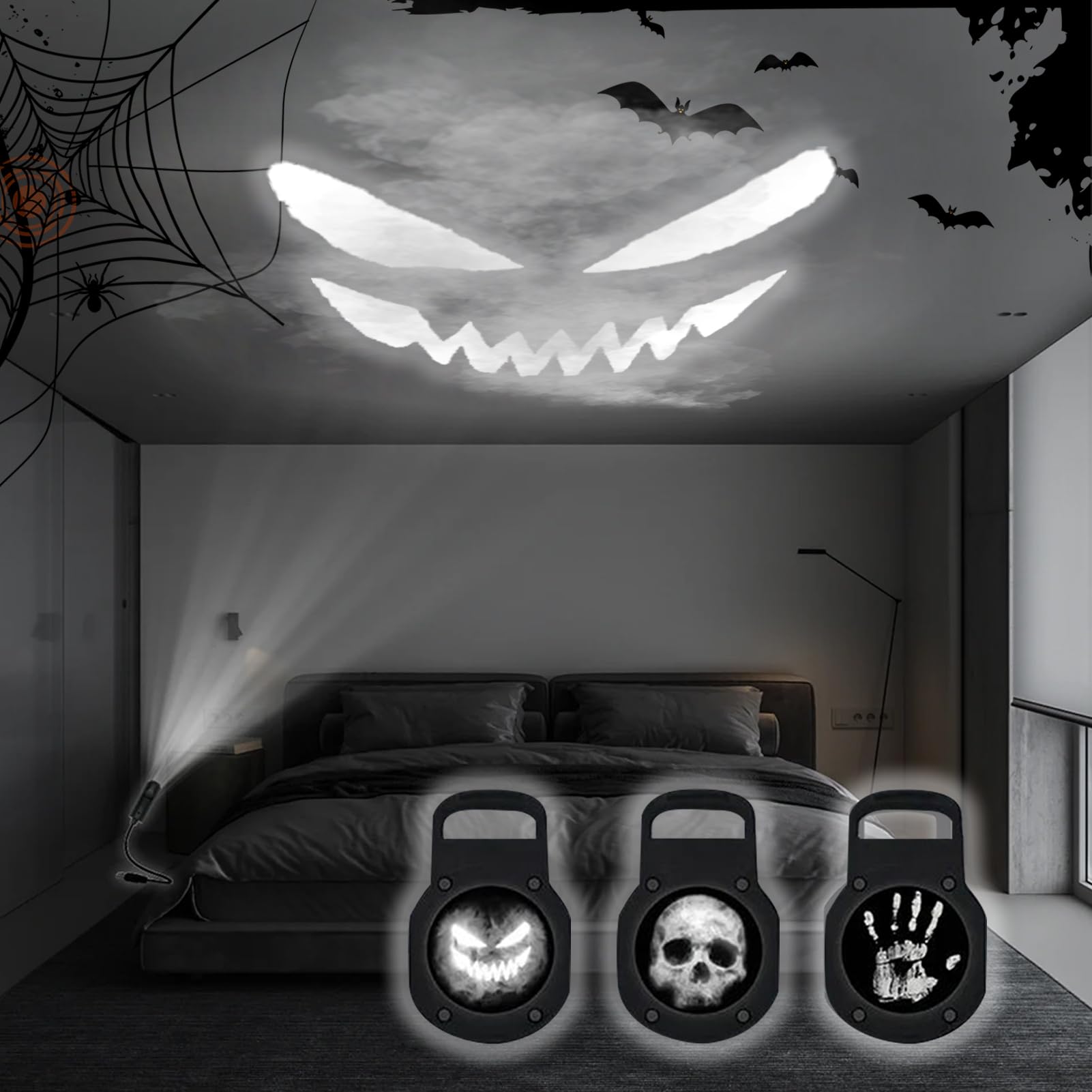 Halloween Projektor Lampe - 3 Modi Magnetischer Halloween Projektor mit Lichtshow | USB LED Totenkopf Handabdruck Geisterlampe 360° Drehbar