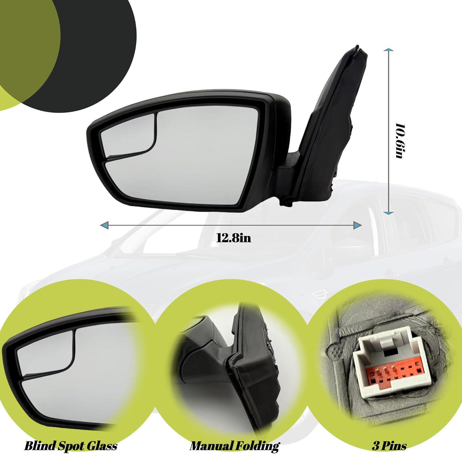 Left Driver Side Mirror Compatible With 2013-2016 Ford Escape With Power Glass Manual Folding Texture Black Non-Heated Replace#CJ5Z17683BA