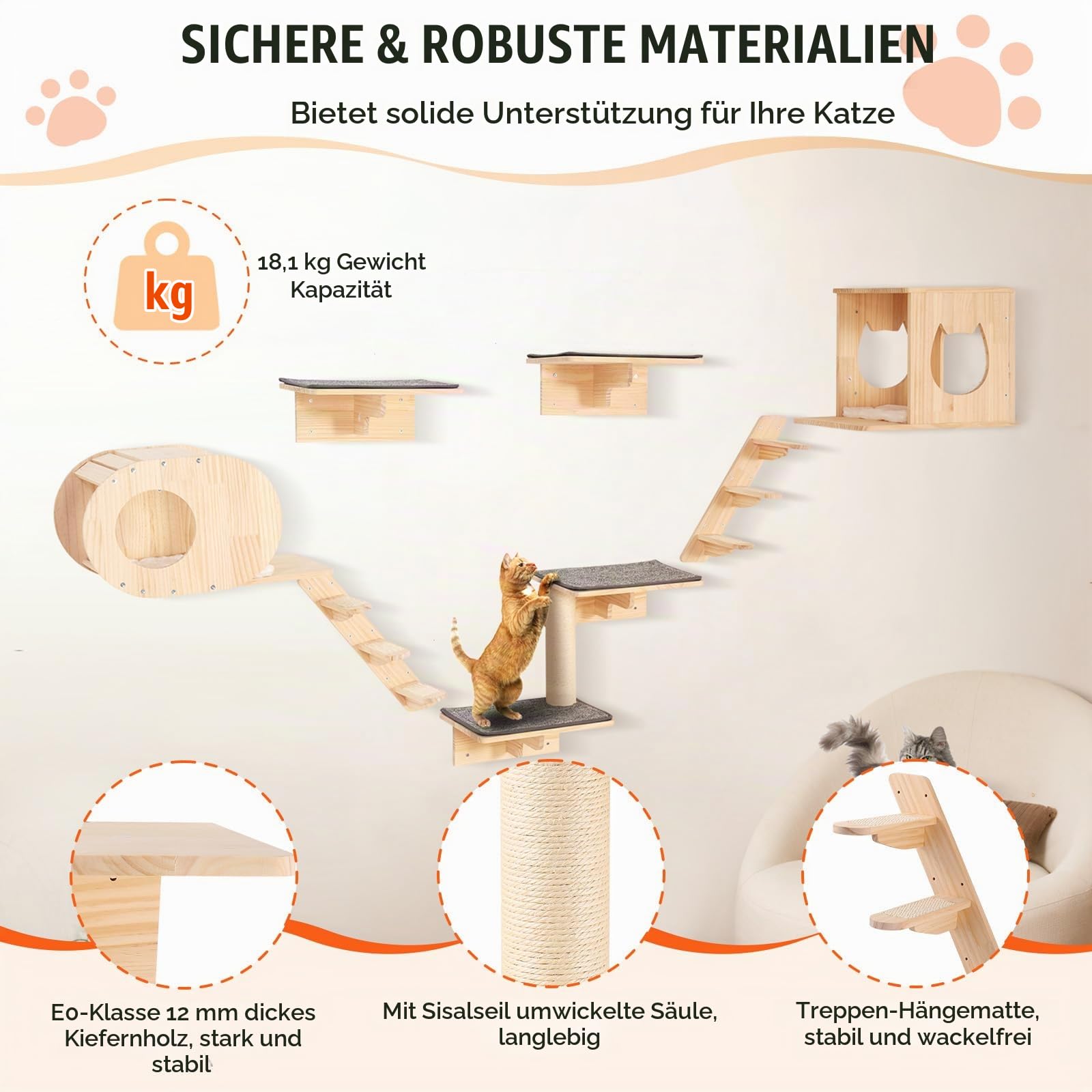 VEVOR Kletterwand, Katzenwandregale und Sitzstangen mit Sprungbrettern, Katzenbetten, Hängematten und Katzenbaum, Katzenmöbel und Regale bis zu 18 kg zum Schlafen, Spielen, Klettern, 7er-Set