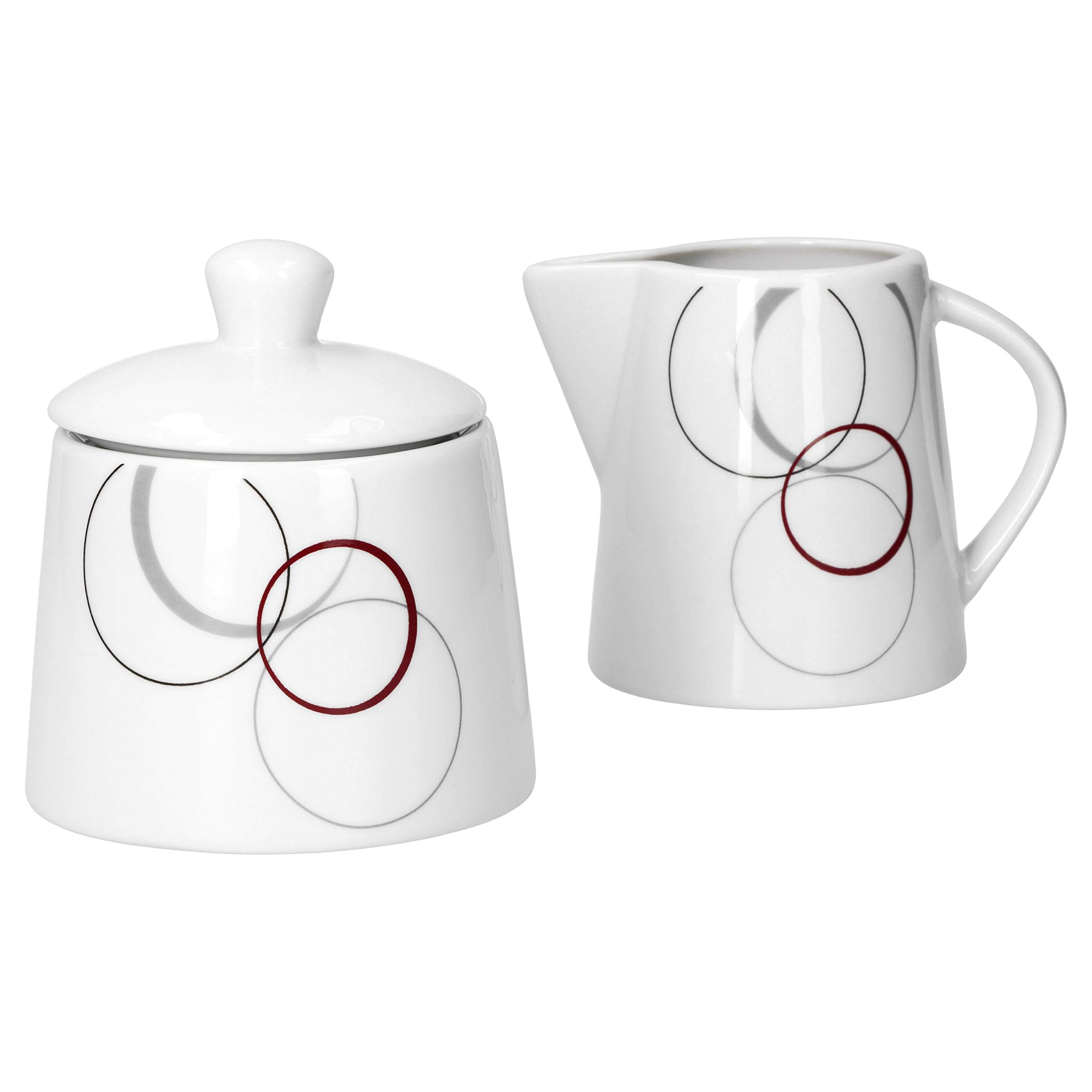 Van Well, “Palazzo”, set da 2 pezzi con zuccheriera da 28 cl e bricco per il latte da 23 cl, con decorazioni a cerchi in grigio e rosso scuro