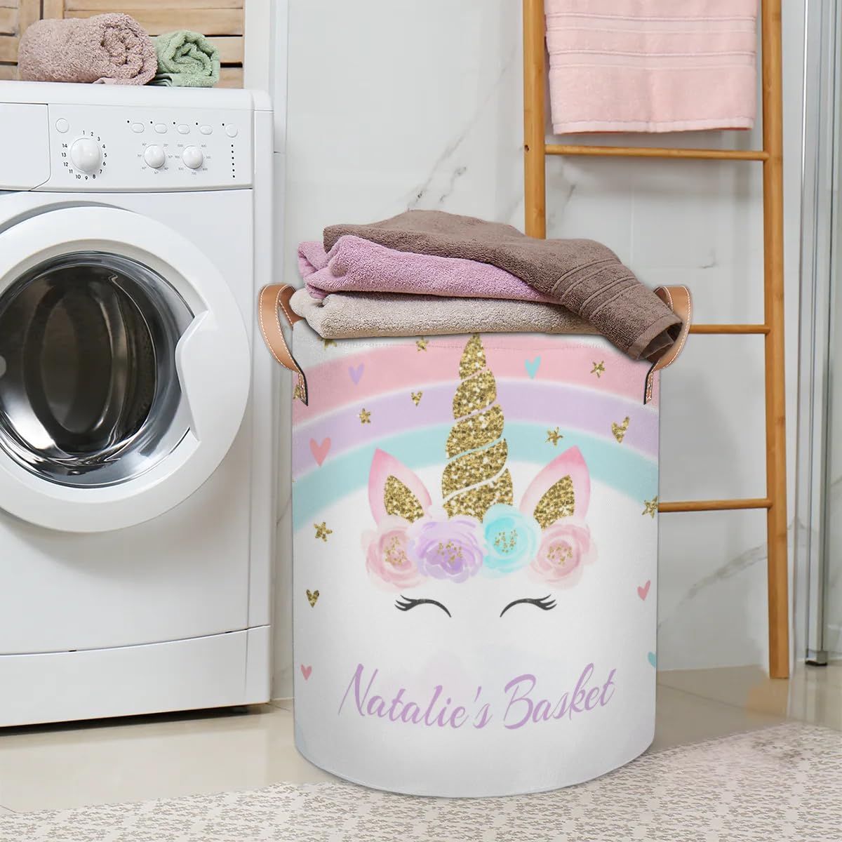 Personalized Unicorn Laundry Basket, Custom Unicorn Laundry Hamper for Girl, Collapsible Waterproof Baskets, Dirty Clothes Toy Hamper Unicorn Rainbow