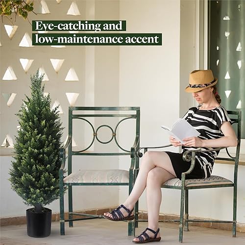 Miniatura 6 de Árbol topiario artificial – Paquete de 2 árboles topiarios artificiales de cedro de 37 pulgadas, arbustos en maceta con protección UV para puerta