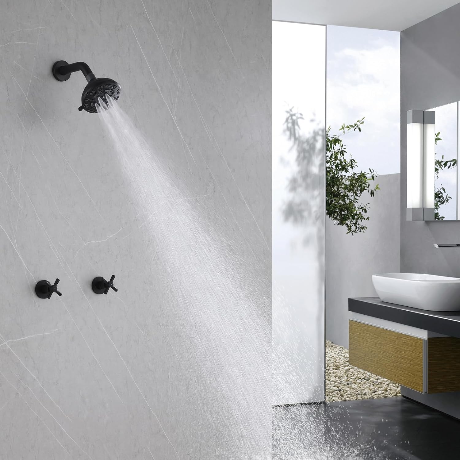 2 Handle Shower Faucet,Wall Mounted Two Handles Shower Faucet Set with 8 Modes Rainfall Shower Head,2 Knobs Single Function Shower Trim Kit with Rough-in Valve,Matte Black
