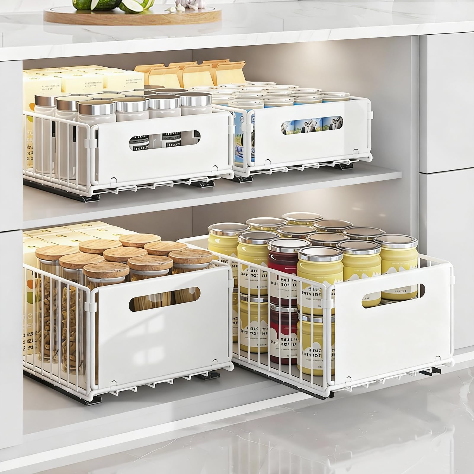 faltbarer ausziehbarer Schrank-Organizer, ausziehbarer Schrank-Organizer, ausziehbare Schubladen-Regalaufbewahrung für die Organisation von Küchenschränken (White, 2 Large + 2 Small)