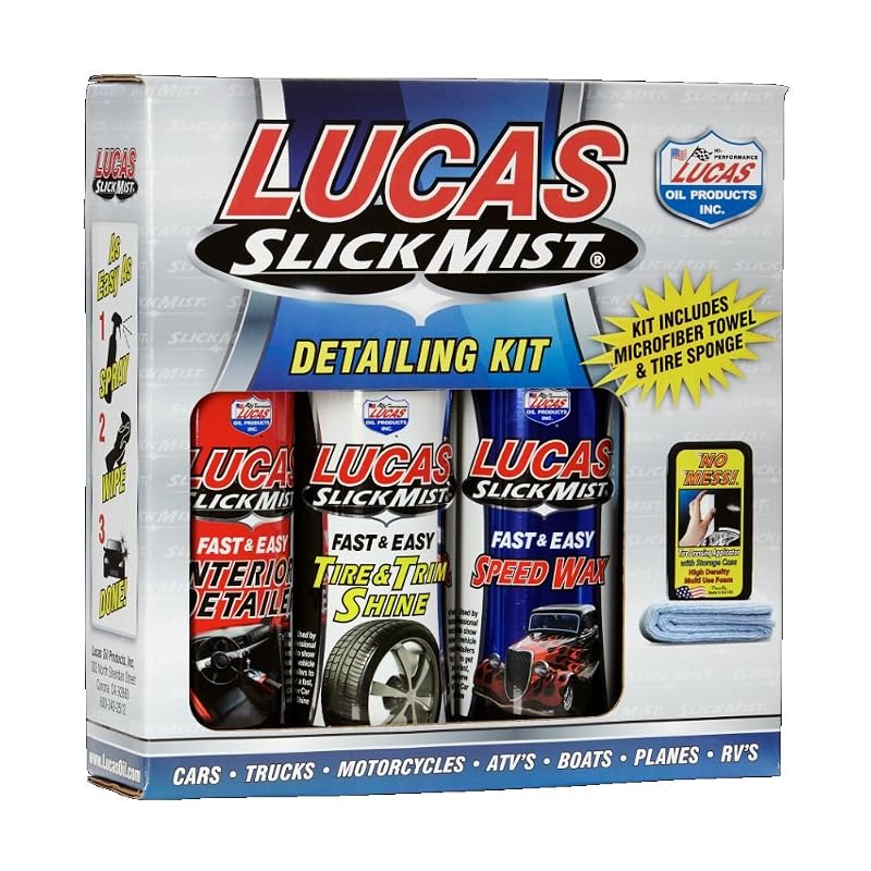 Kit de Limpeza e Acabamento Automotivo Lucas Oil Slick Mist com Cera Rápida, Brilho para Pneus e Acabamentos, Detalhador Interno e Toalha de Microfibra