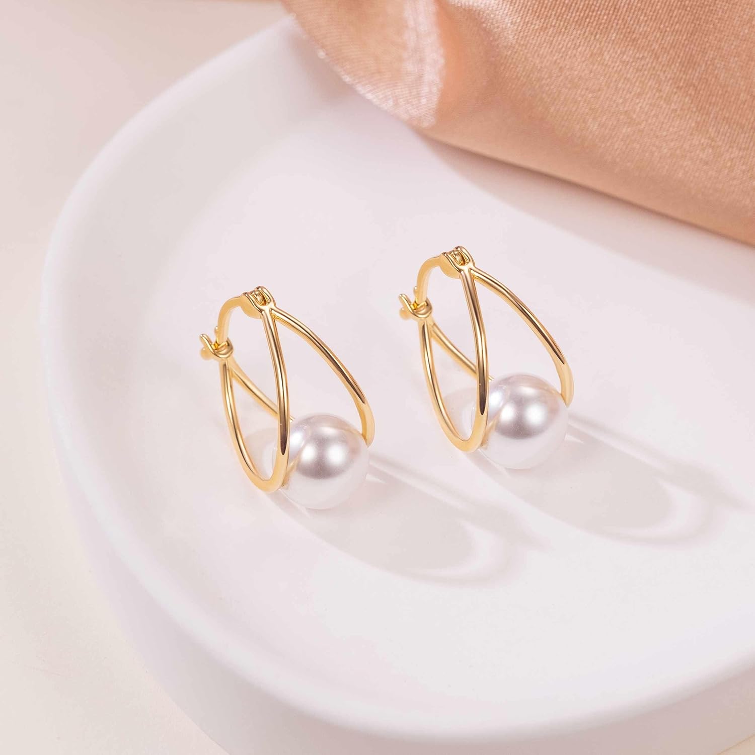 ESSIE ODILA Pearl Earrings for Women 14K Gold Earrings for Women Gold Hoop Earring for Womens Pearls Hoops Trendy Grey Mystique or White Grace Pearls Drop Dangle Pearl Hoop Earring for Womens 18mm