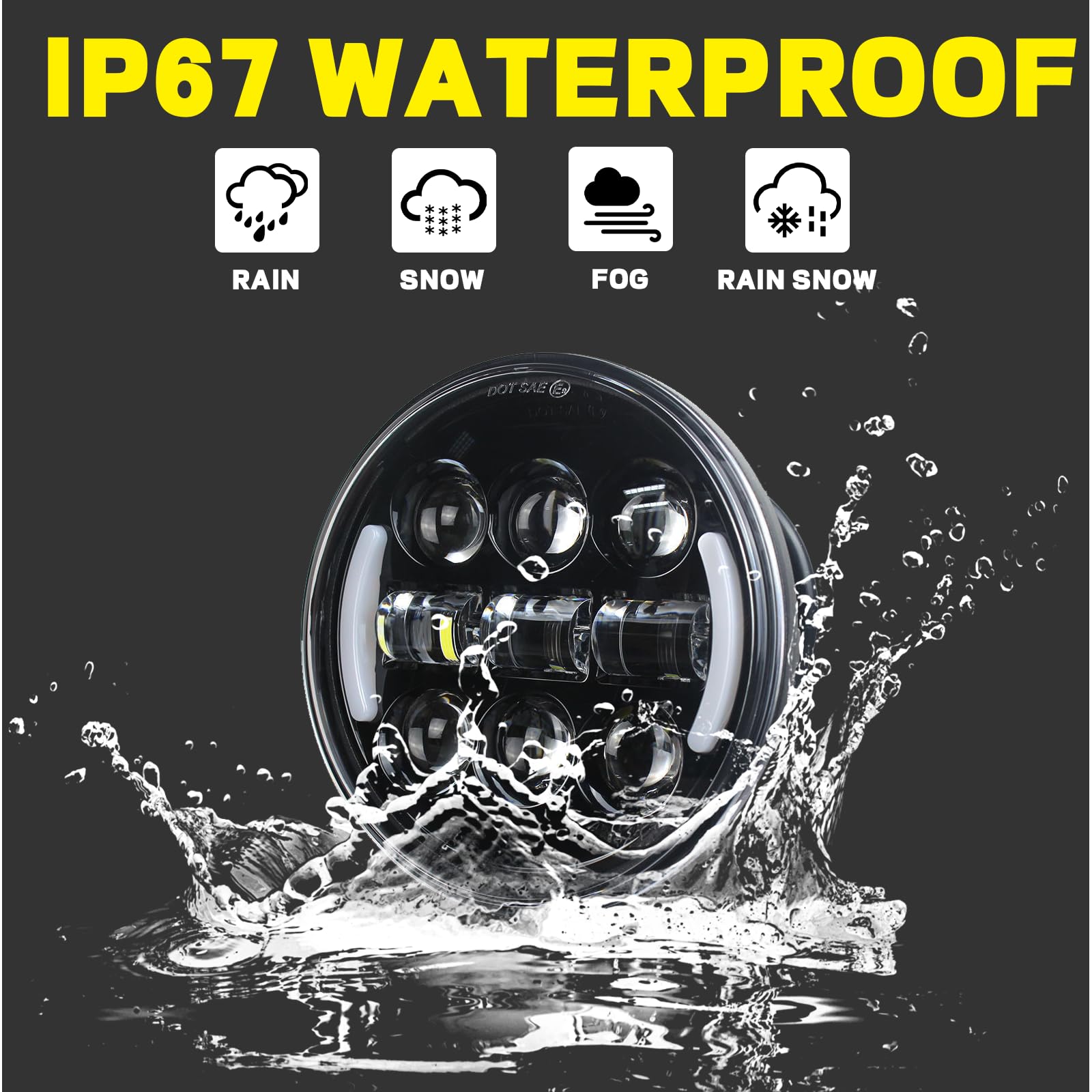 Phare LED rond de 5-3/4" 5,75 pouces (14,5 cm) avec clignotants, feux de route et de croisement, DRL, compatible avec Harley Sportster XL 883 1200 Dyna
