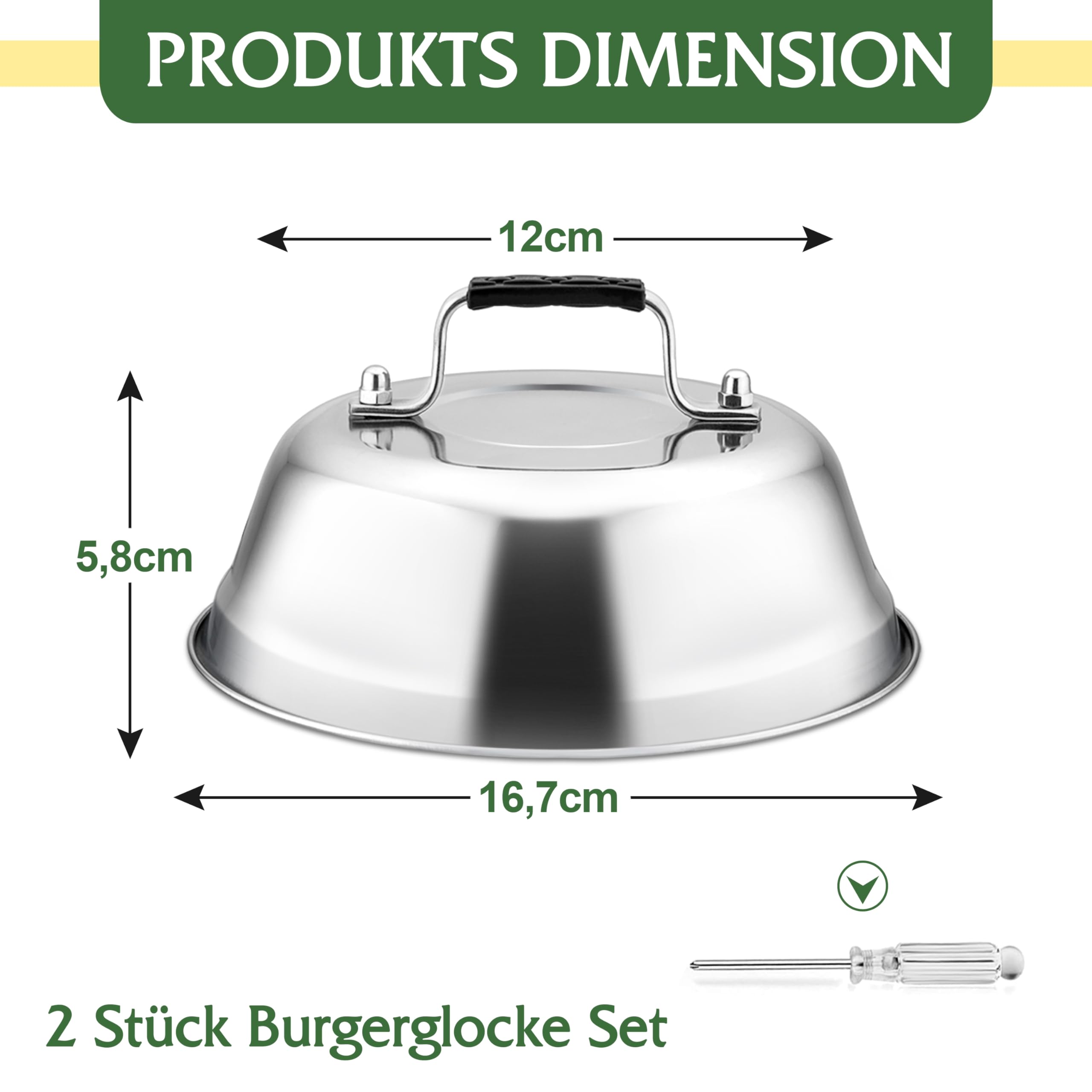 TEAMFAR Dzwonek do burgerów, zestaw 2 sztuk dzwonków do burgerów ze stali nierdzewnej, kopuły do burgerów z odpornym na wysokie temperatury uchwytem silikonowym, dzwonek do topienia, osłona do
