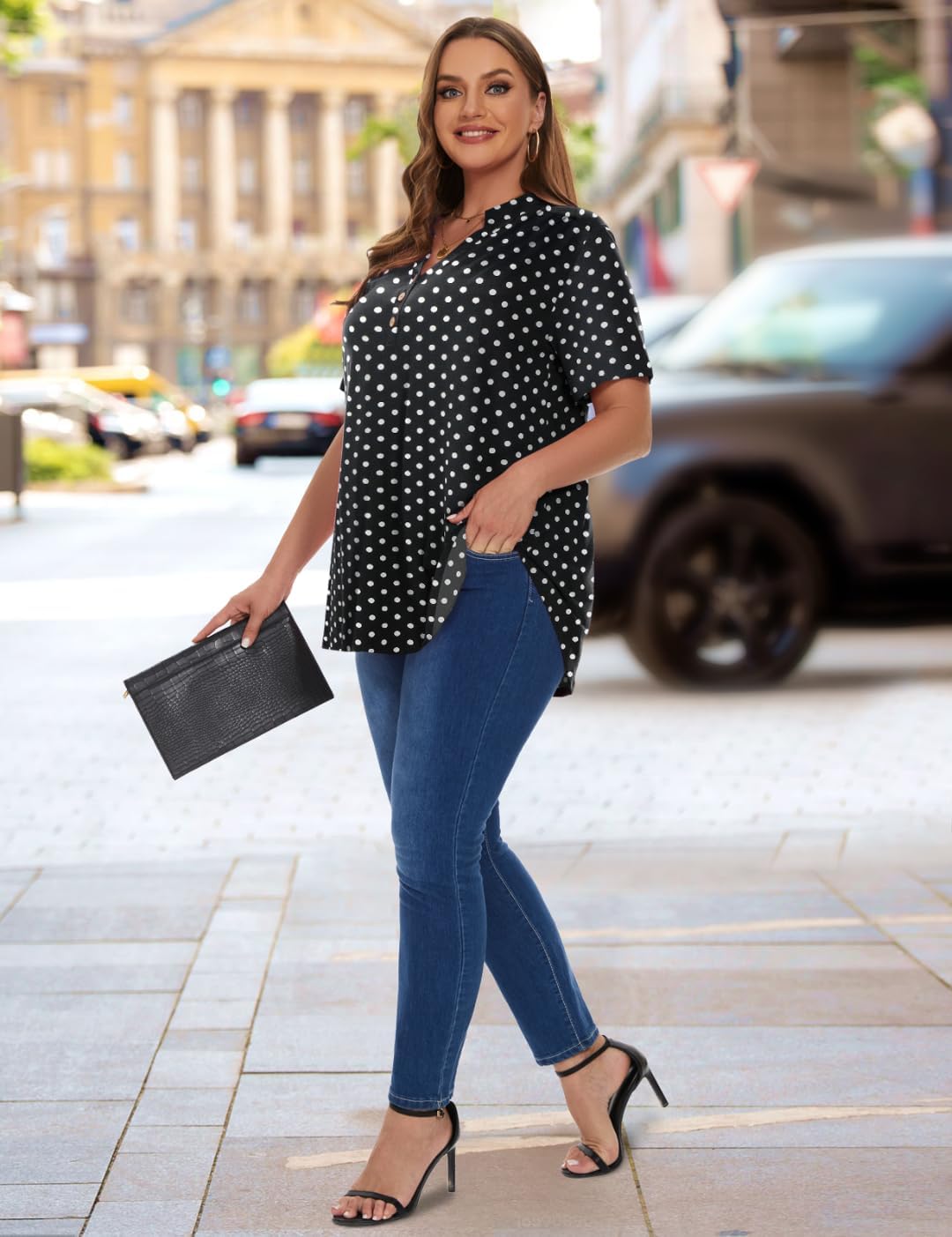 MONNURO Womens Plus Size Tops Short Sleeve Henley Button Down T Shirts Business Blouses Casual Tunics For Leggings - Image 3