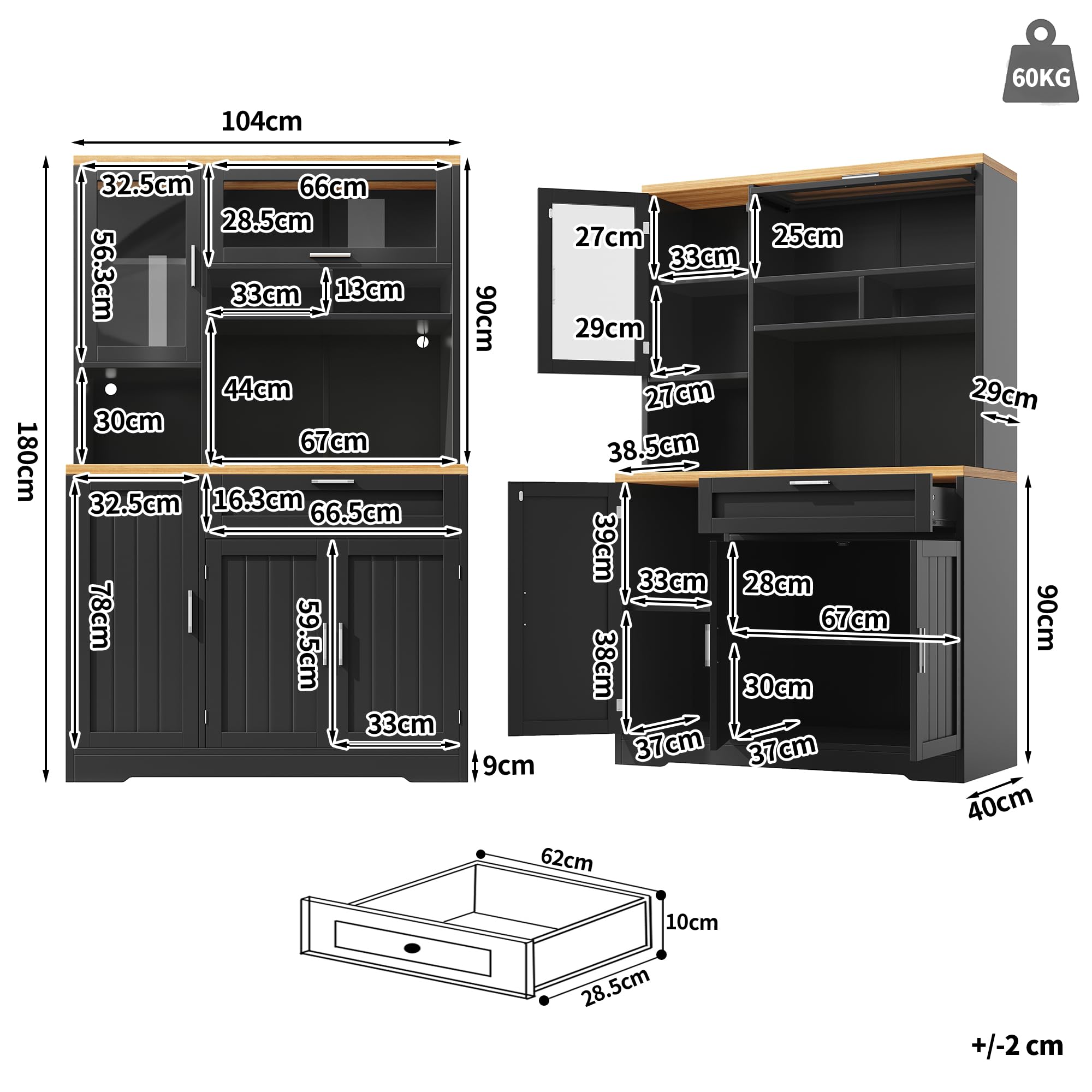 Kebnor Küchenschrank, Hochschrank/Vitrine mit LED-Beleuchtung, 104x40x180 cm, für Küche & Wohnzimmer (weiß)