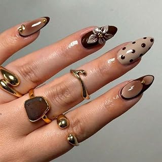 Brown Press on Nails Medium Almond Fake Nails 3D Fall Flower Nails Press Ons with Gold Bead and Polka Dots Design Acrylic Nail Full Cover False Nail for Women Manicure Decorations 24Pcs