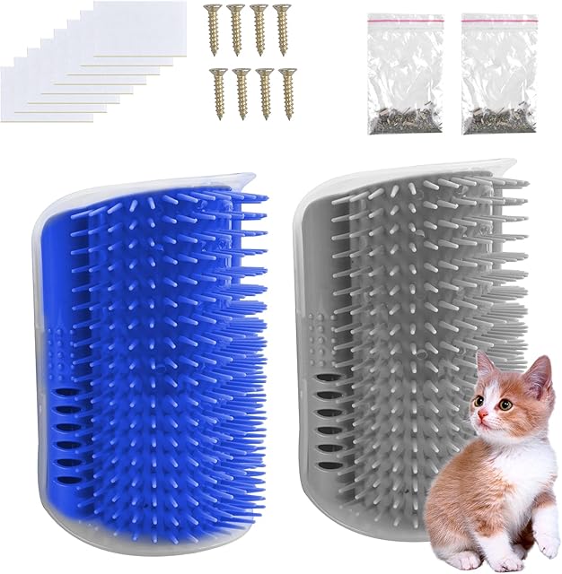 Suchkawe 2 Pcs Cat Self Groomer, Cat Wall Corner Massage Comb Cat Corner Groomer Brush with Catnip Pet Grooming Massage Scratcher Comb for Cats with Long and Short Fur(Blue&Gray)