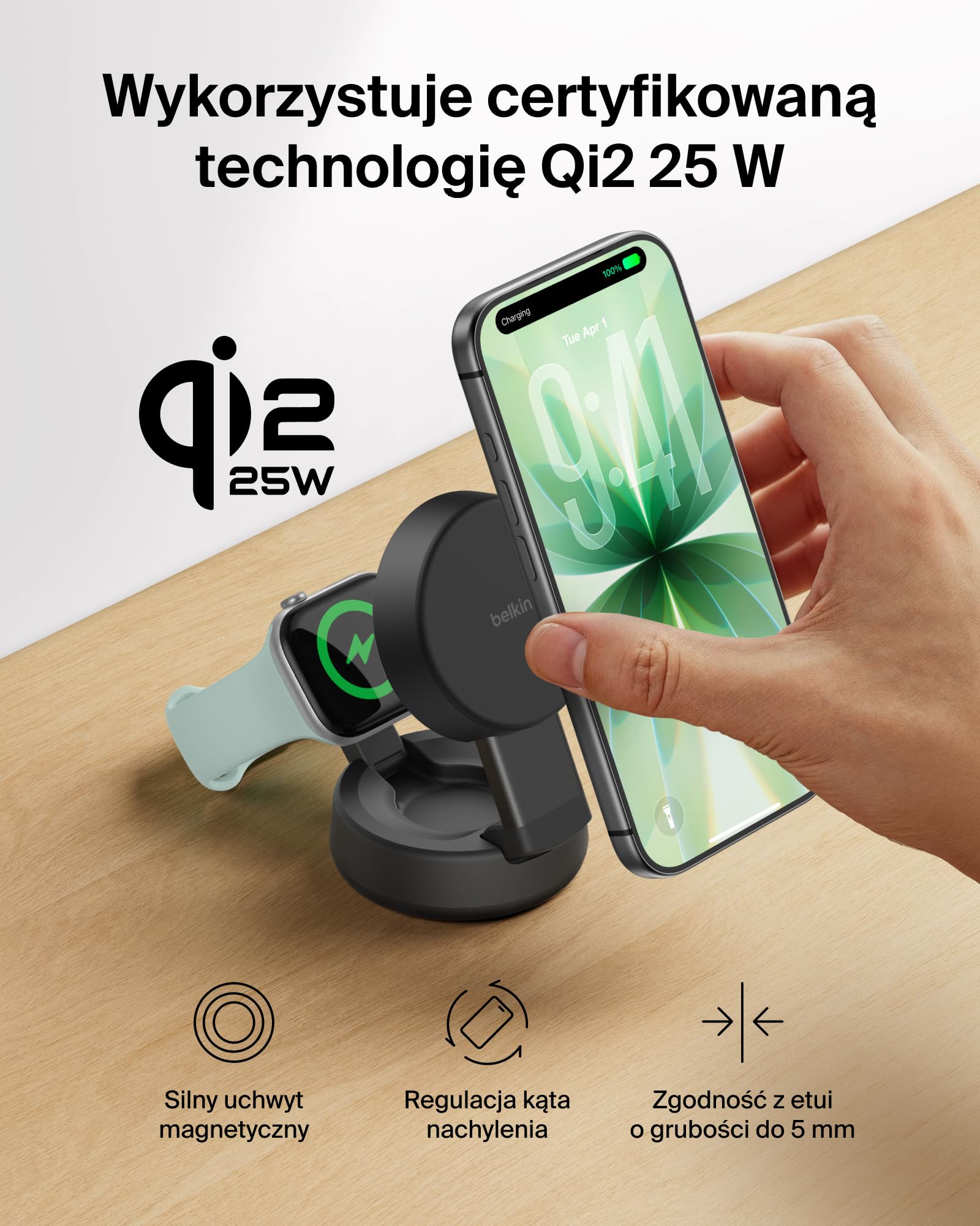 Belkin UltraCharge Pro Stacja Ładująca Qi2 2 w 1, 25 W – Czarna | Zgodna z MagSafe Bezprzewodowa Ładowarka do Urządzeń iPhone, Apple Watch i Słuchawek, Certyfikat Qi2.2, z Zasilaczem 45 W