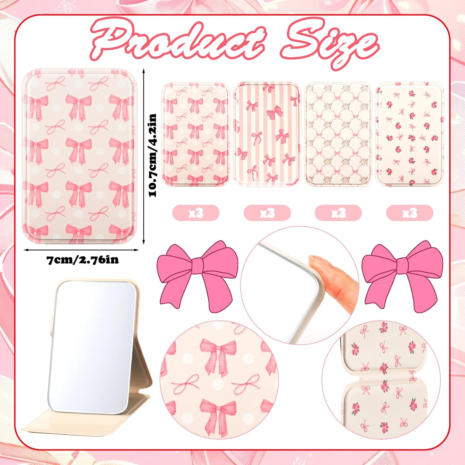 Geelin 12 Pcs Pink Compact Mirror Bulk Coquette Folding Pocket Mirror 4.2'' Portable Travel Ultrathin Hand Mirrors for Women Mom Pink Party Gift Camping Office Home