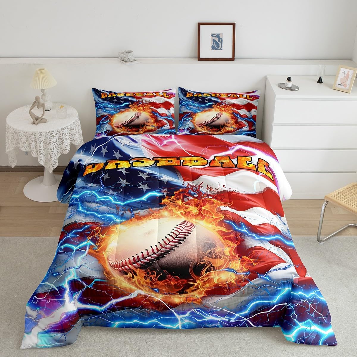 Feelyou Boys 3D Baseball Comforter Set American Flag Bedding Toddler Size for Adult Girls Kids Ball Games Sports Theme Duvet Set Retro USA Flag Print Quilts Grunge Stripes Star Decor Bedding