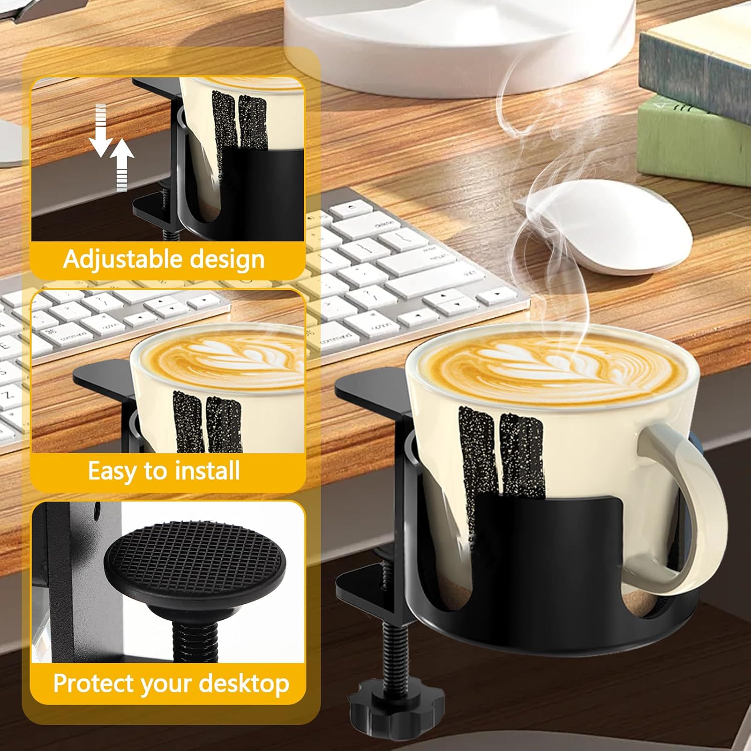 Large Desk Cup Holder Clamp, Clip On Cup Holder Anti-Spill Cup Holder for Desk Office & PC Gaming Desk Accessories Support for Water Bottles, Coffee Mugs (Black-2 Pack)