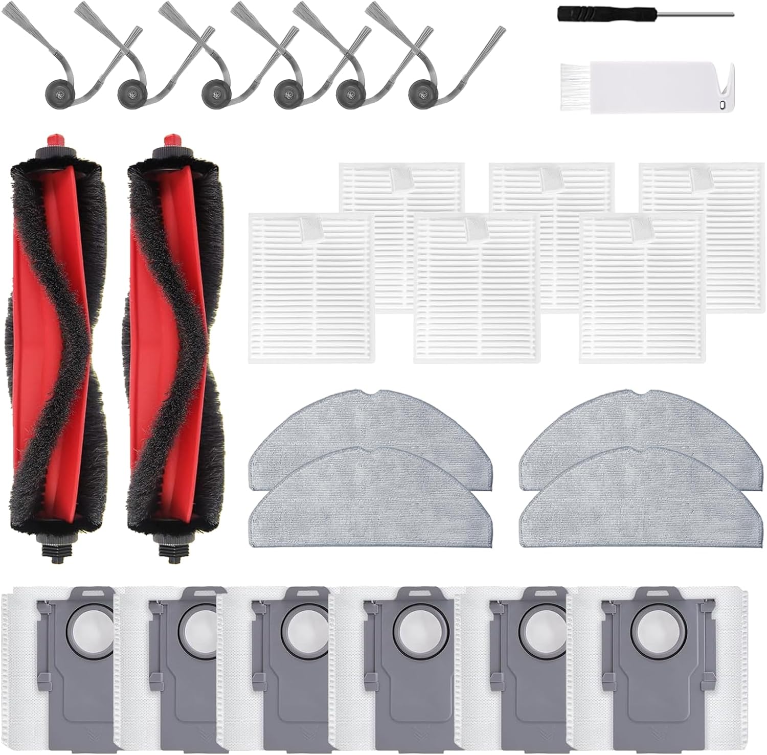 Q7 M5+ Replacement Parts Kit, compatible with Roborock Q7 M5+ and Q7 L5+ robot vacuums. Includes 2 main brushes, 6 side brushes, 6 dust bags and filters, 4 mop pads, 1 cleaning tool, and a screwdriver